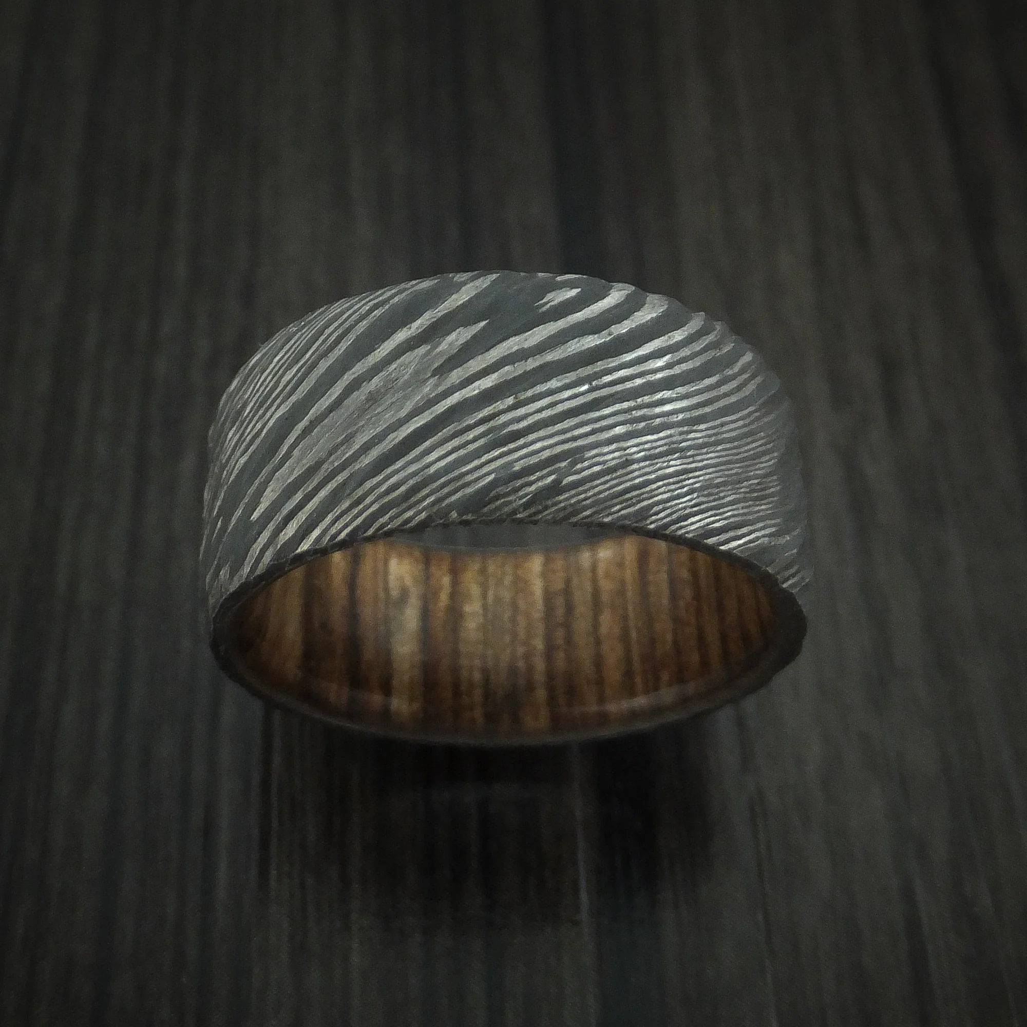 Damascus Steel Tree Bark Carved Men's Ring with Walnut Hardwood Custom Made Band - Image 2