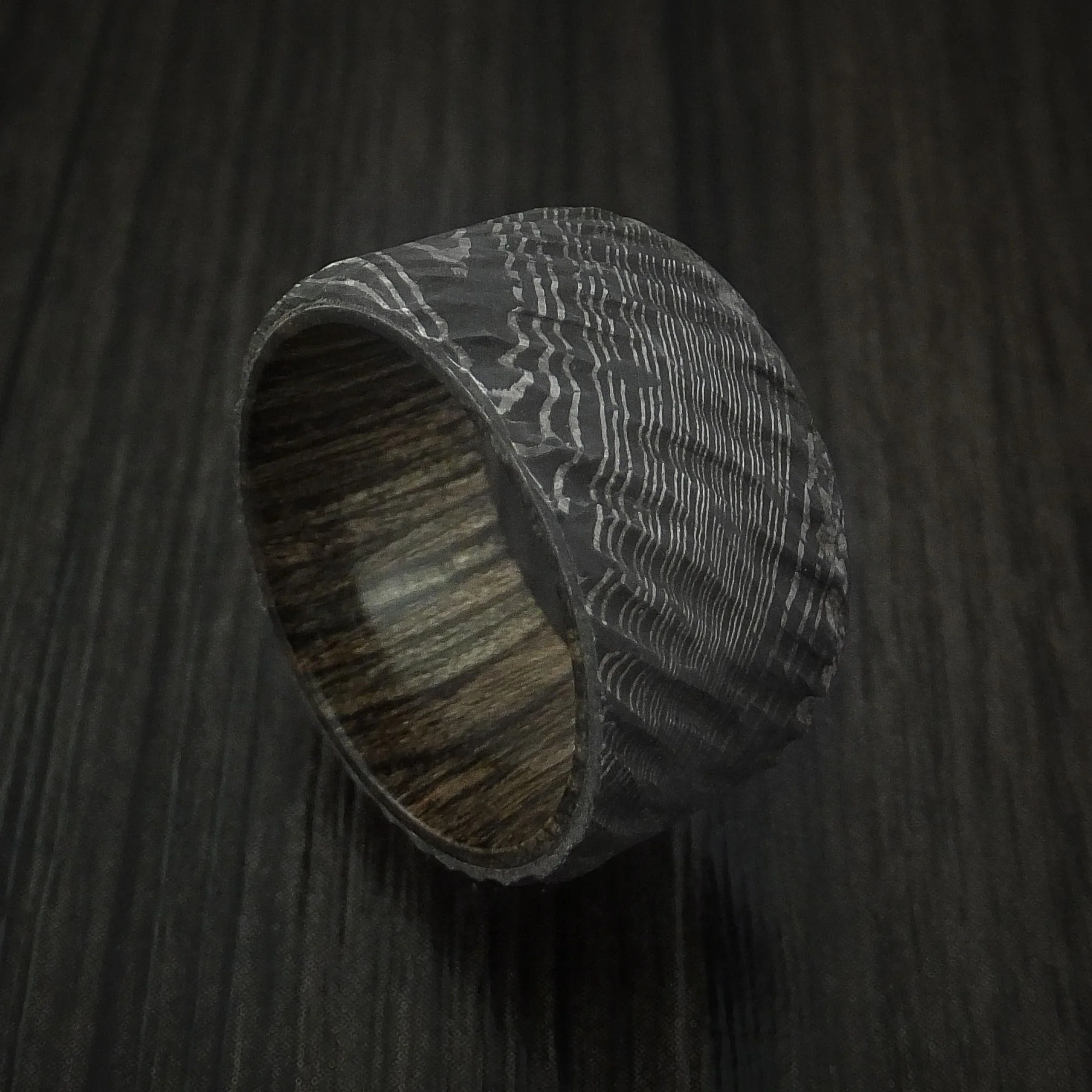 Damascus Steel Tree Bark Carved Men's Ring with Walnut Hardwood Custom Made Band