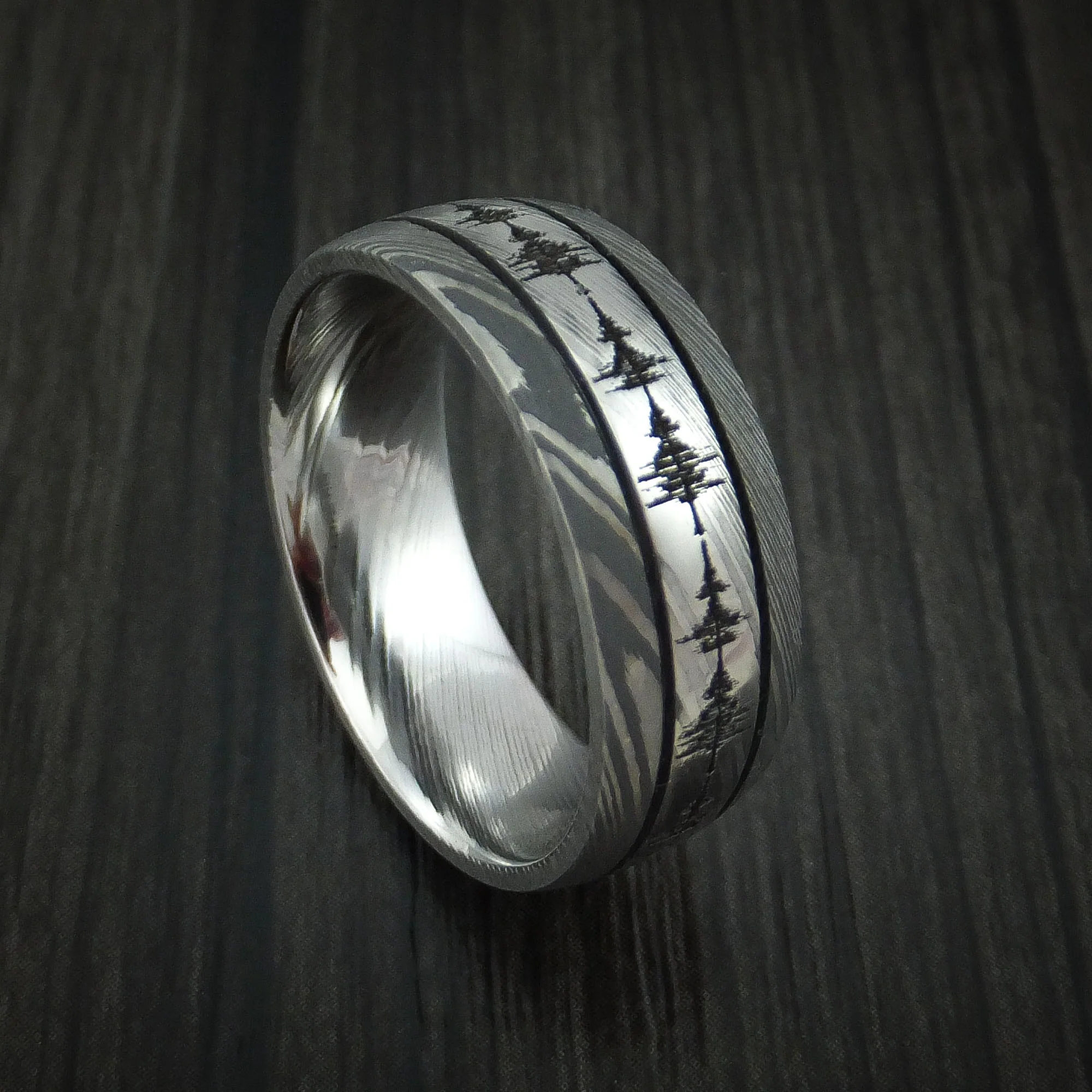 Damascus Steel Two-Tone Sound Wave Men's Ring Custom Made Band