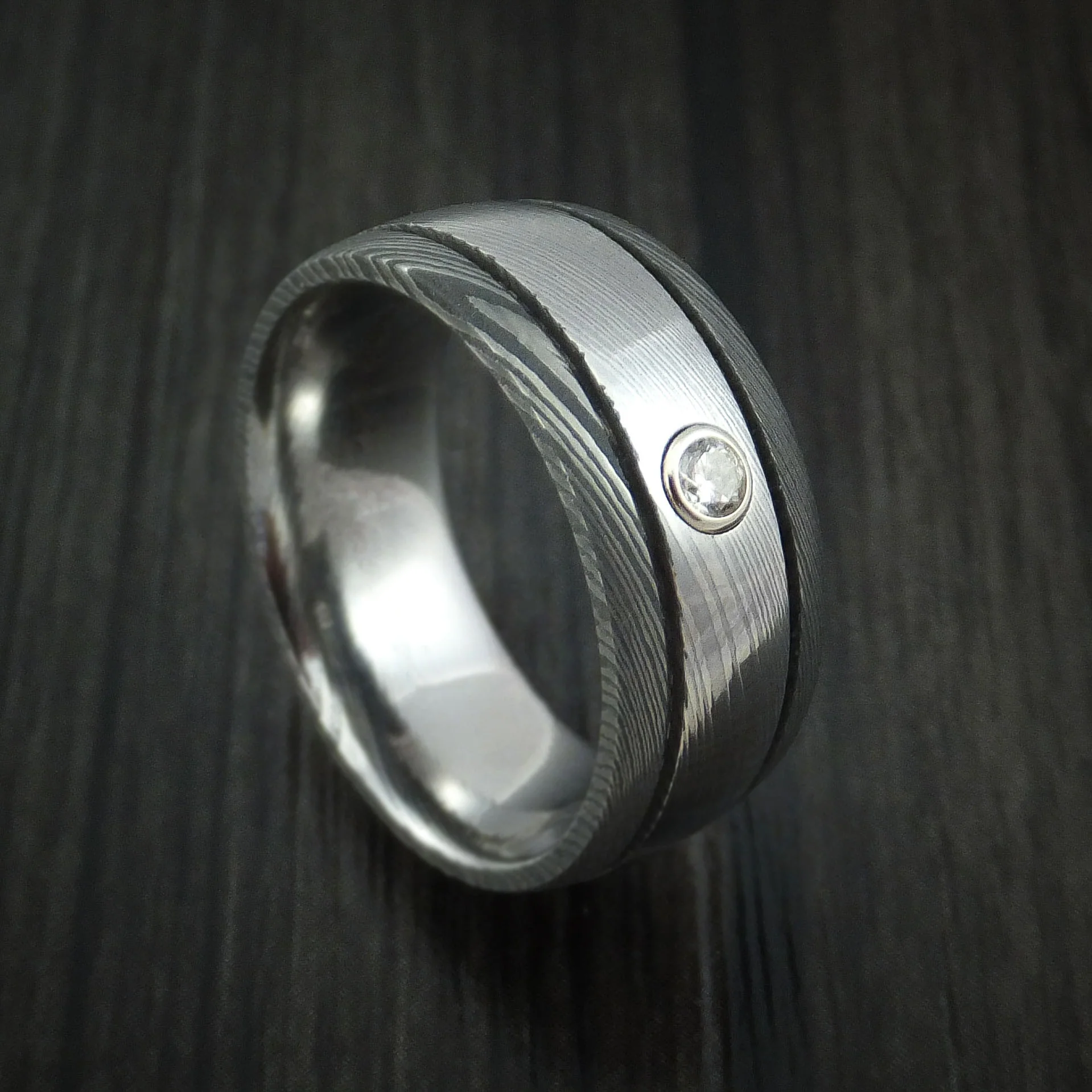 Damascus Steel Two-toned Band with Diamond Custom Made Men's Ring