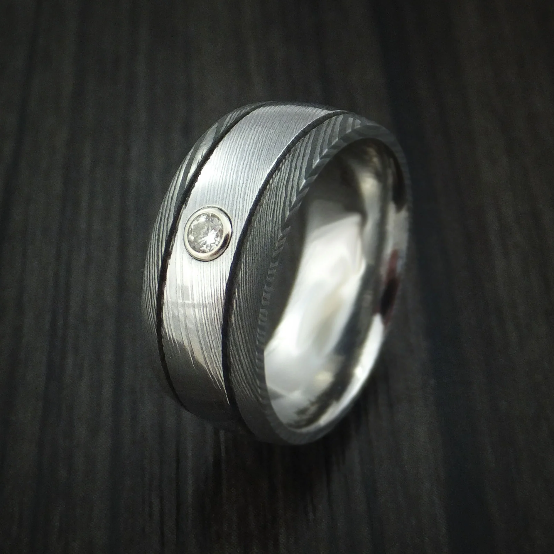 Damascus Steel Two-toned Band with Diamond Custom Made Men's Ring - Image 4