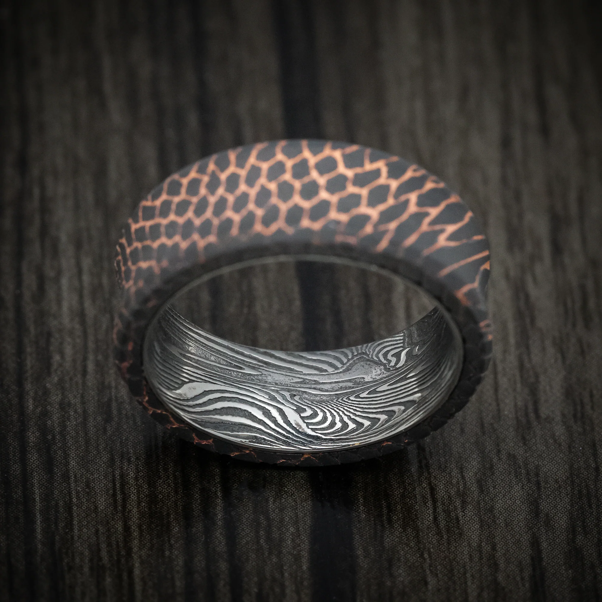 Darkened Superconductor Men's Ring with Sunset Kuro Damascus Steel Sleeve - Image 3