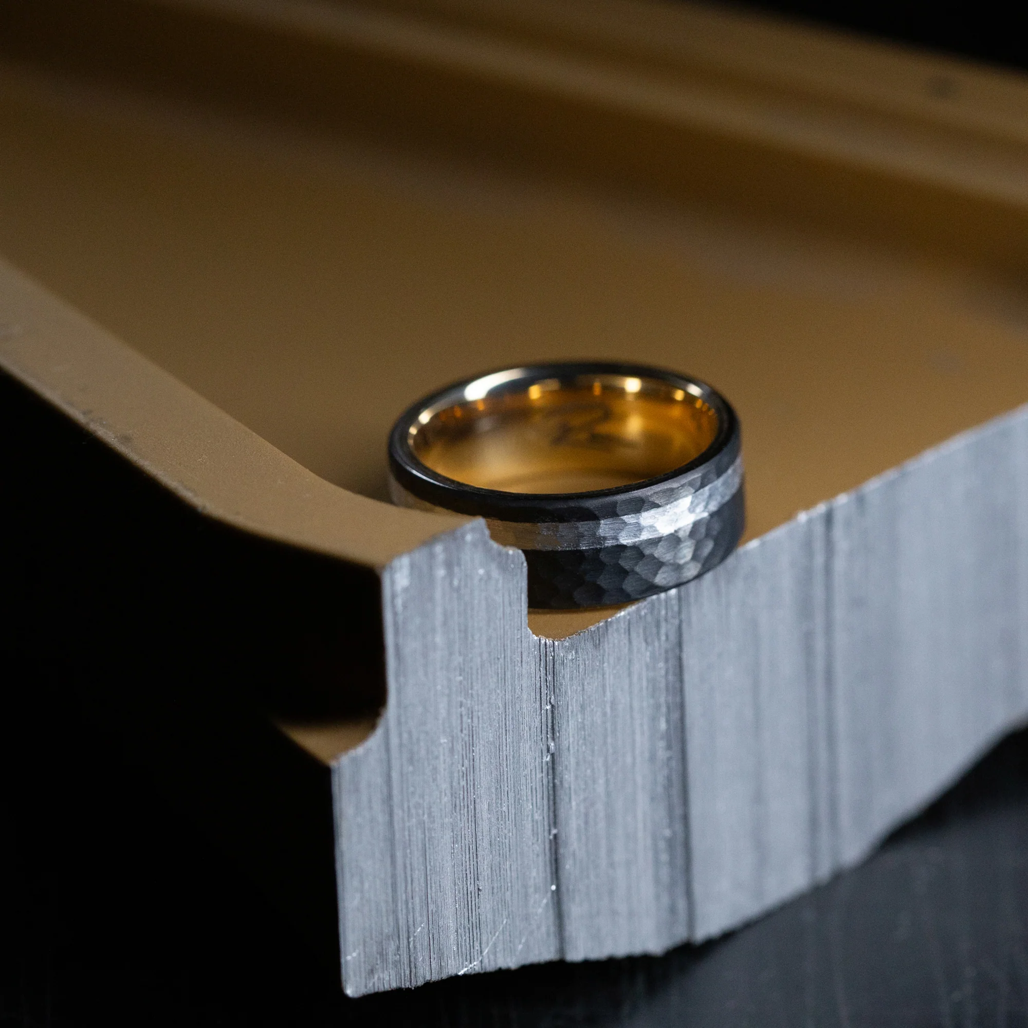 Darkened Tantalum Ring with Supercar Ron Authentic Supercar Wheel Inlay and 10K Gold Sleeve - Image 9