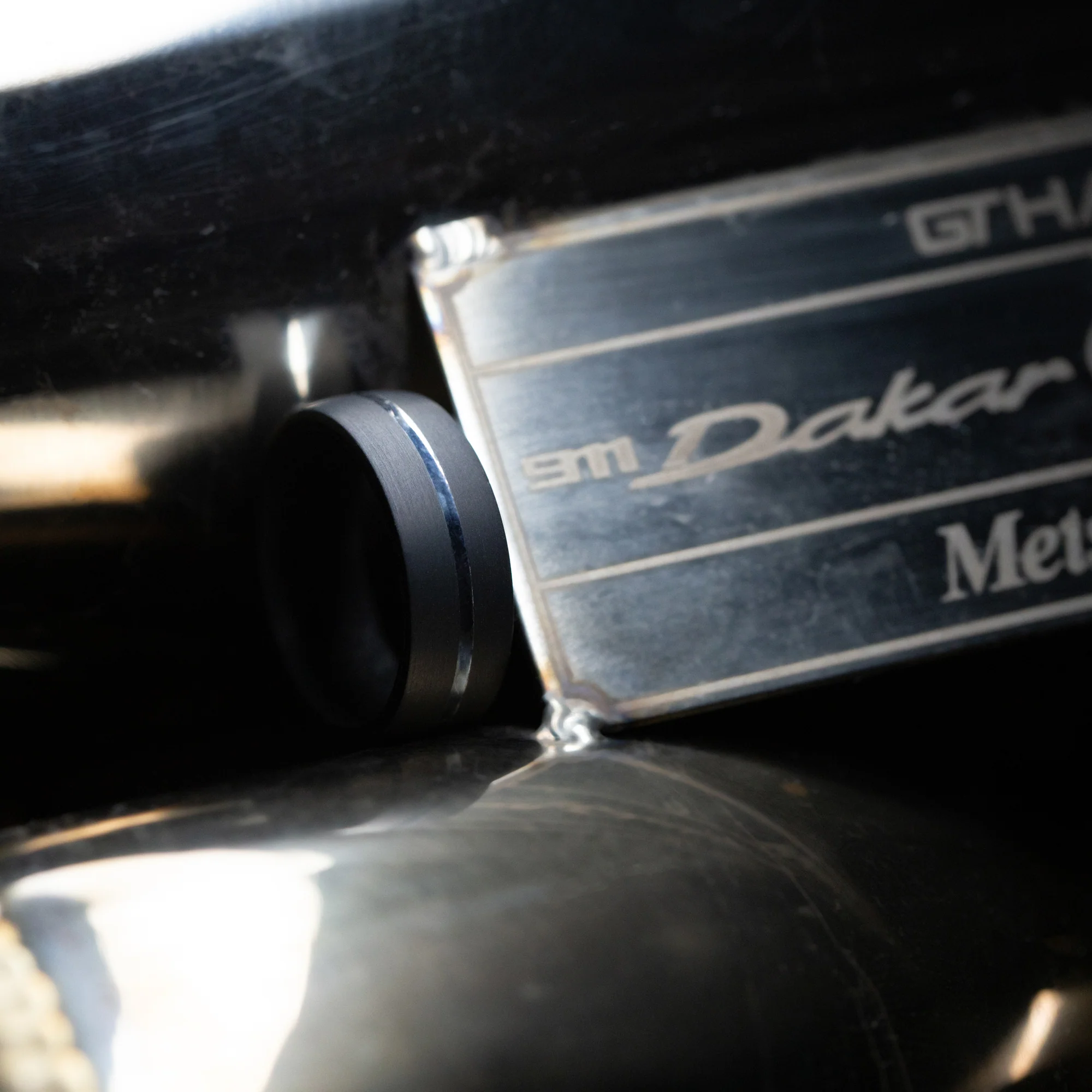 Darkened Tantalum Ring with Supercar Ron Authentic Supercar Exhaust Inlay and Forged Carbon Fiber Sleeve - Image 7