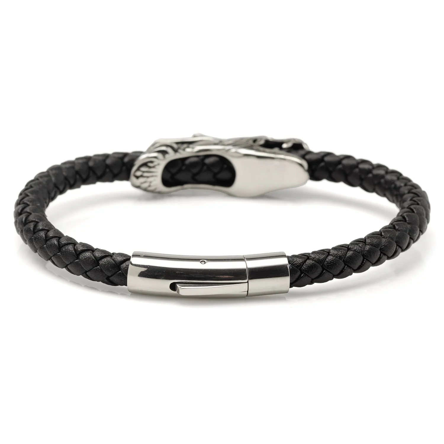 Dragon Head Braided Black Leather Bracelet with Magnetic Closure - Image 2