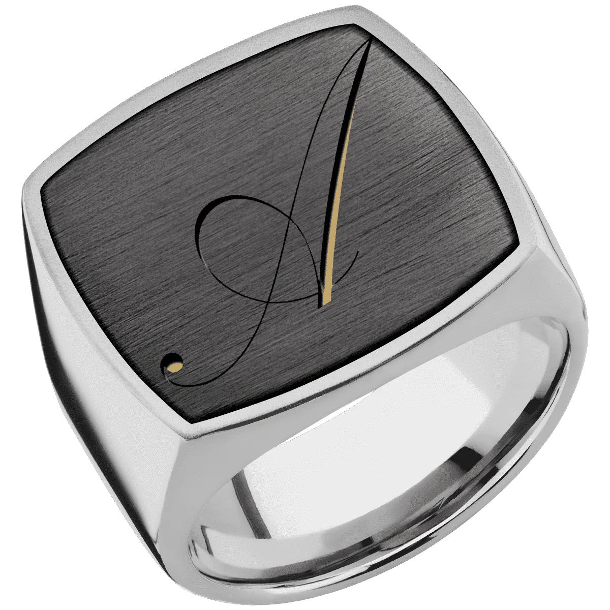 Extra Large Cushion signet ring (22x22mm) in Titanium, with a Wide style band, a Zirconium inlay and a Kunstler Script 1 engraving. - Image 2