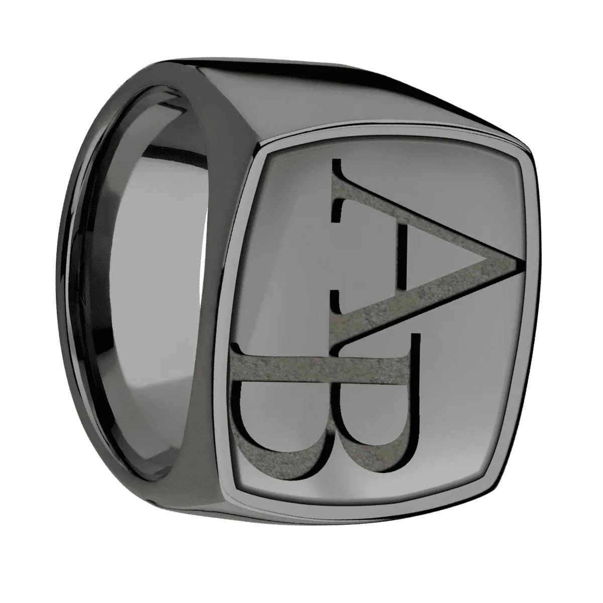 Extra Large Cushion signet ring (22x22mm) in Zirconium, with a Wide style band, a Zirconium inlay and a Book Antiqua 2 engraving.