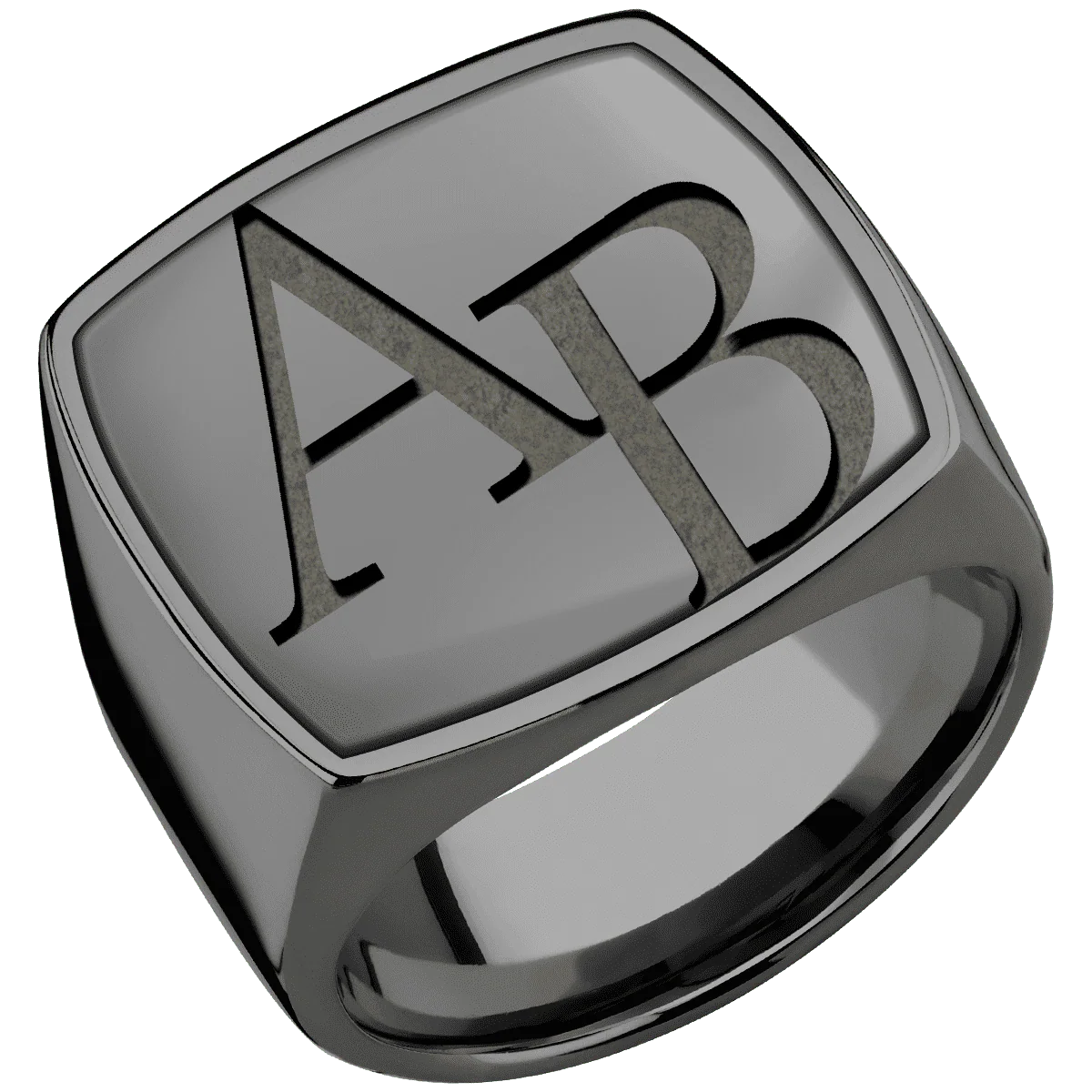 Extra Large Cushion signet ring (22x22mm) in Zirconium, with a Wide style band, a Zirconium inlay and a Book Antiqua 2 engraving. - Image 2