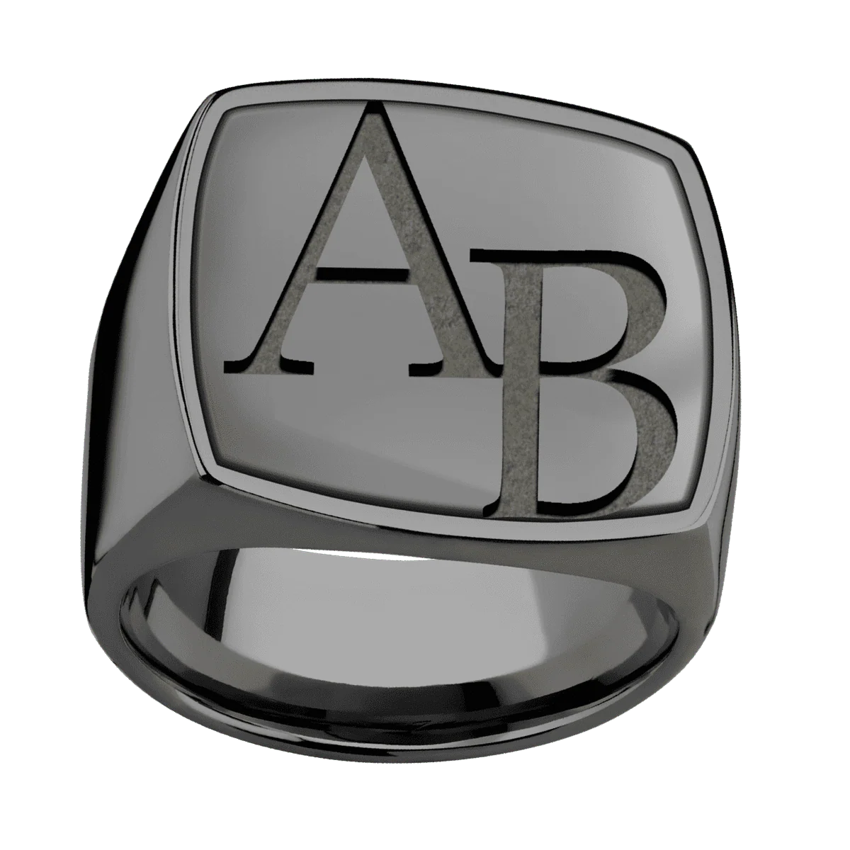 Extra Large Cushion signet ring (22x22mm) in Zirconium, with a Wide style band, a Zirconium inlay and a Book Antiqua 2 engraving. - Image 3