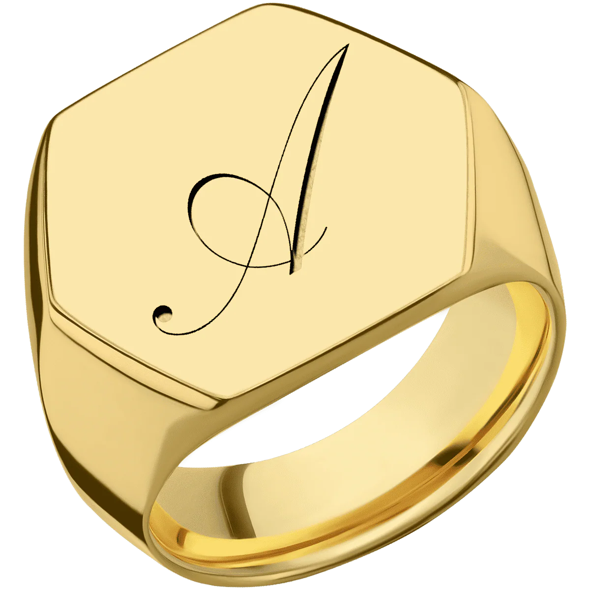 Extra Large Hexagon signet ring (23x20mm) in 14K Yellow Gold, with a Wide style band and a Kunstler Script 1 engraving. - Image 2