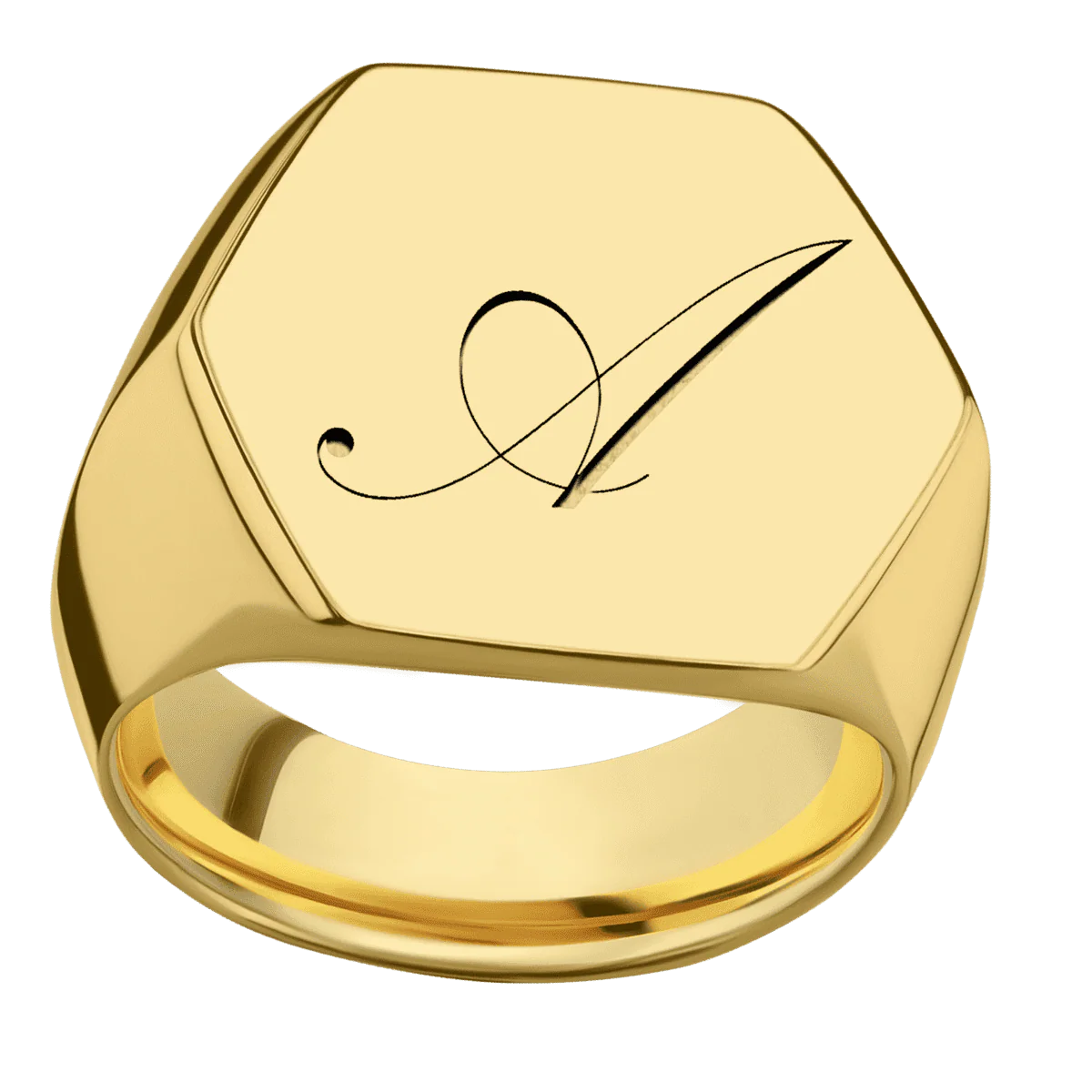 Extra Large Hexagon signet ring (23x20mm) in 14K Yellow Gold, with a Wide style band and a Kunstler Script 1 engraving. - Image 3