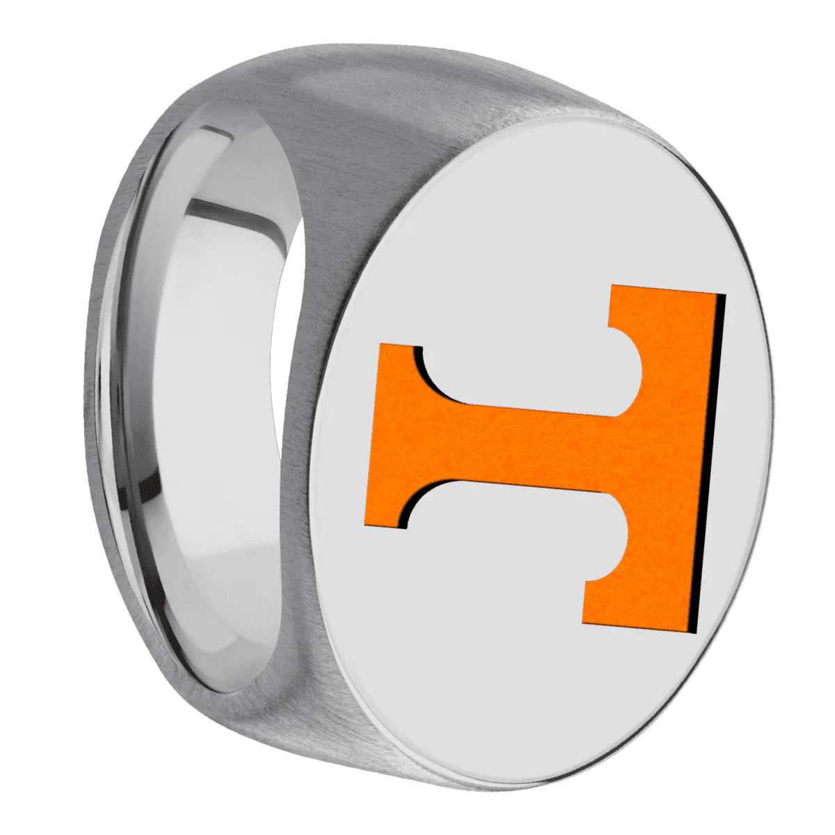 Extra Large Horizontal Oval signet ring (24x20mm) in Titanium, with a Wide style band and a Tennessee Power T engraving.