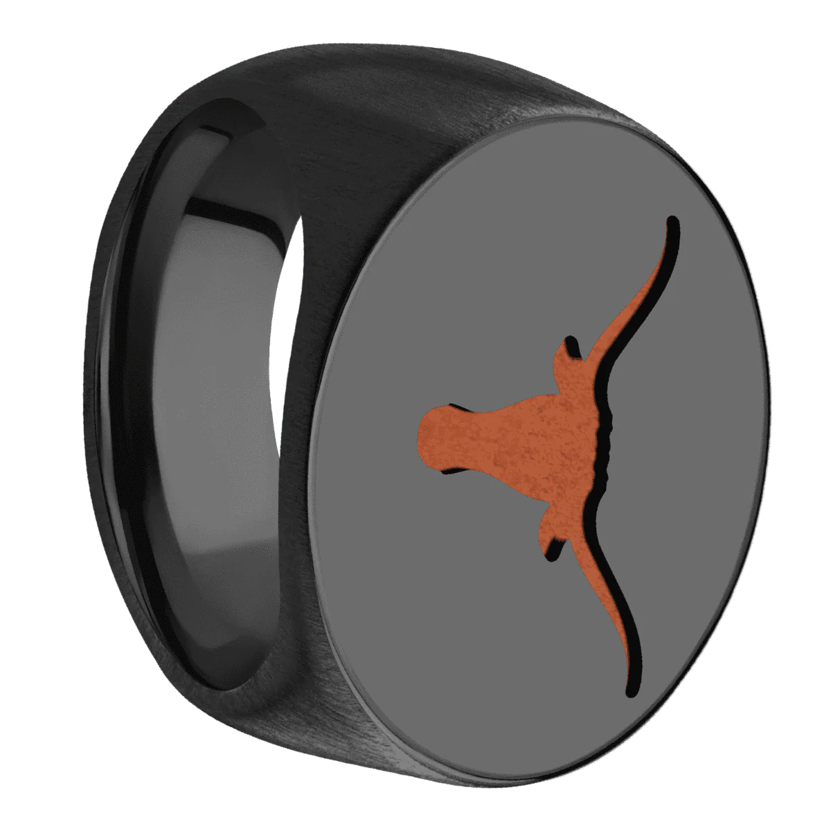 Extra Large Horizontal Oval signet ring (24x20mm) in Zirconium, with a Wide style band and a Texas Longhorn engraving.