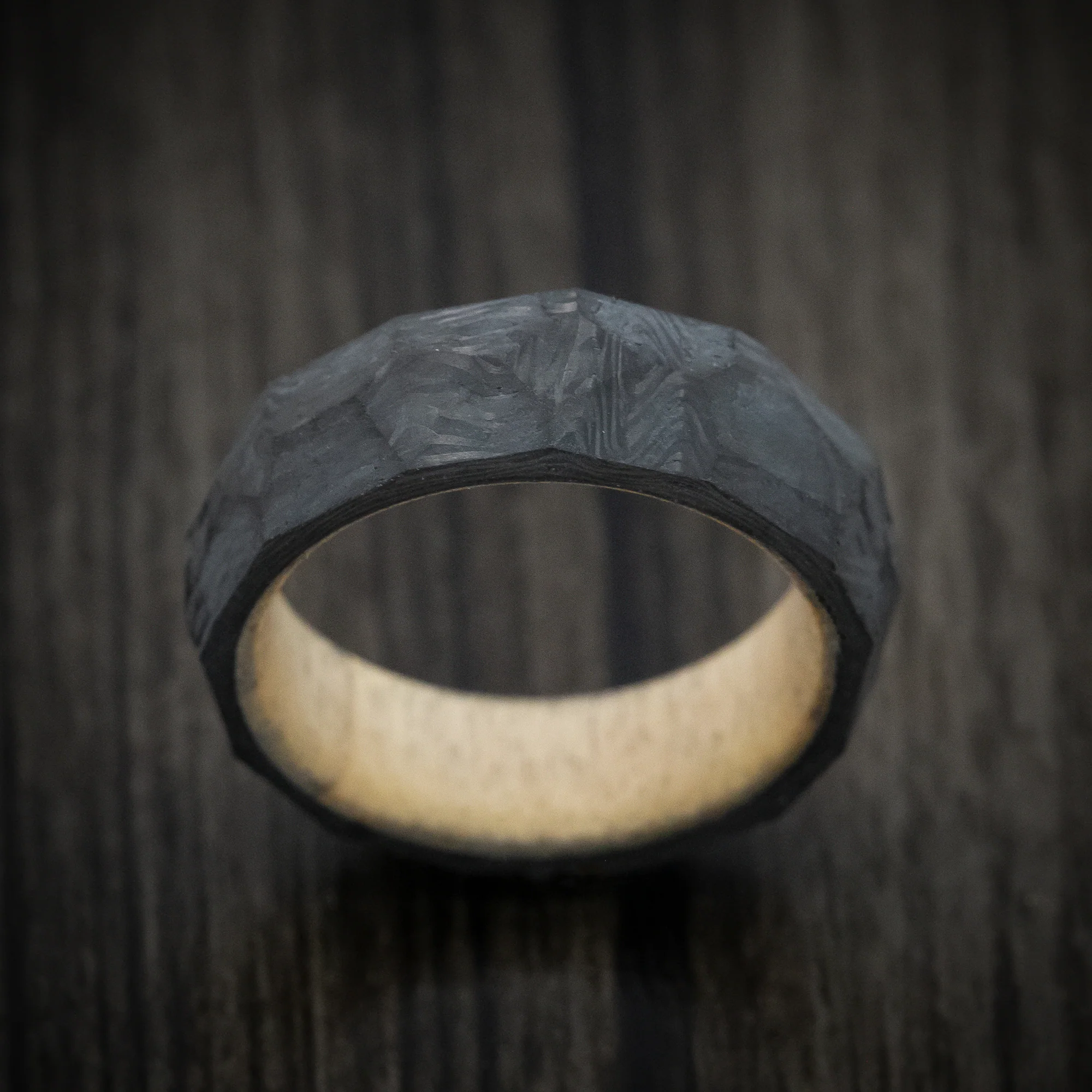 Faceted Carbon Fiber Men's Ring with Pine Wood Sleeve - Image 2