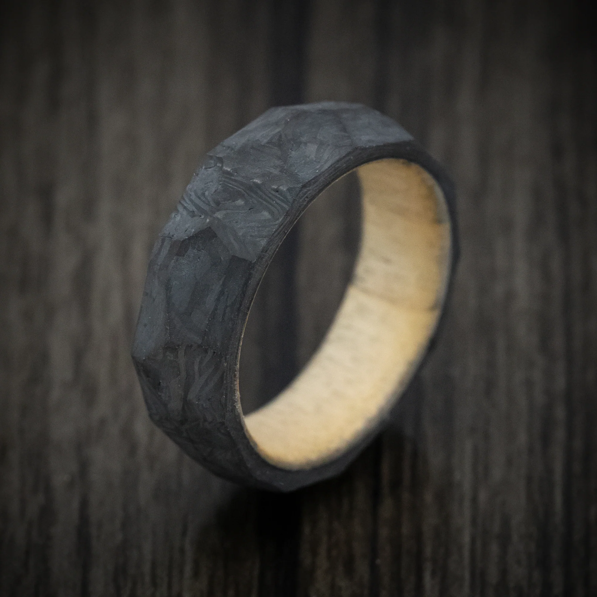 Faceted Carbon Fiber Men's Ring with Pine Wood Sleeve - Image 3