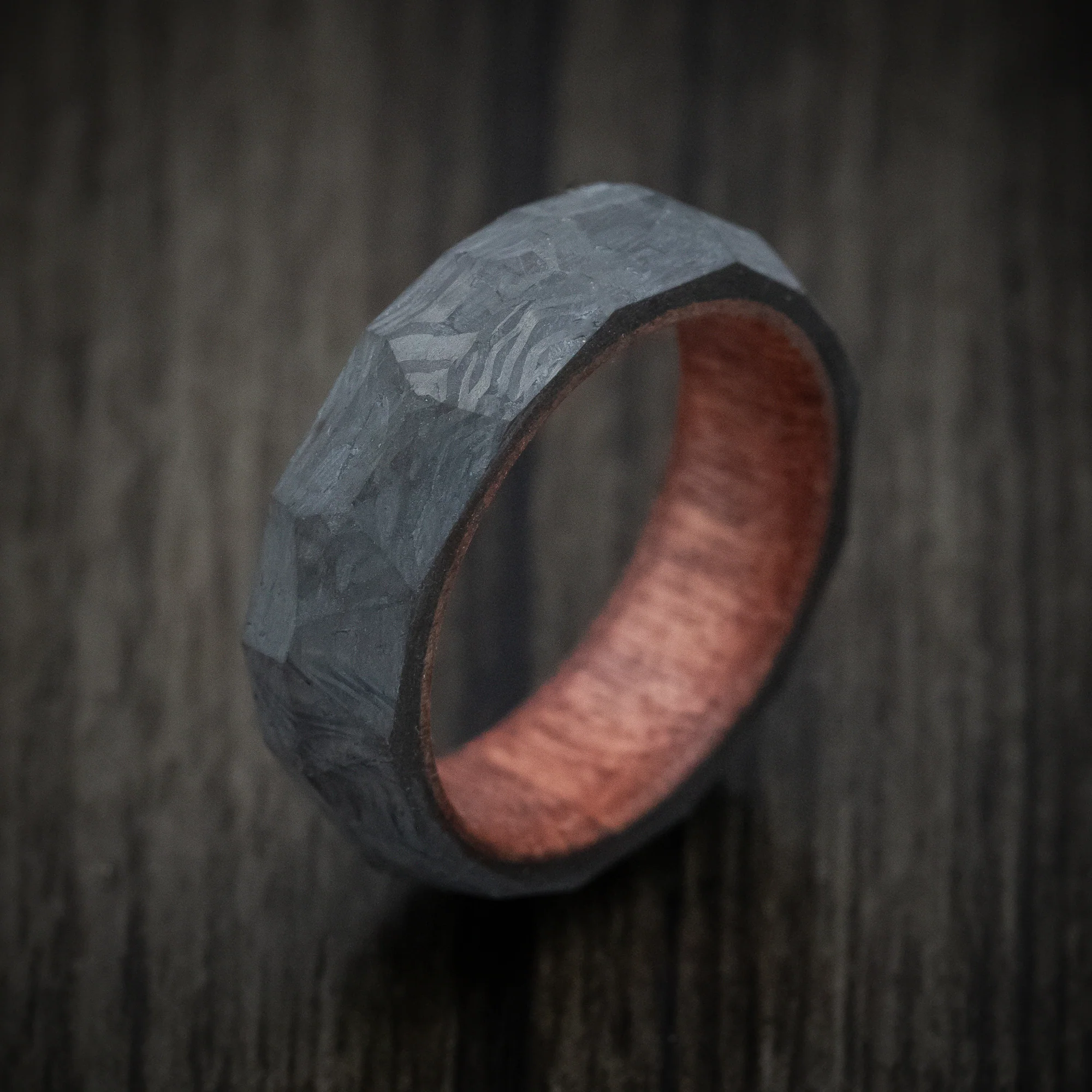 Faceted Carbon Fiber Men's Ring with Sequoia Wood Sleeve - Image 3