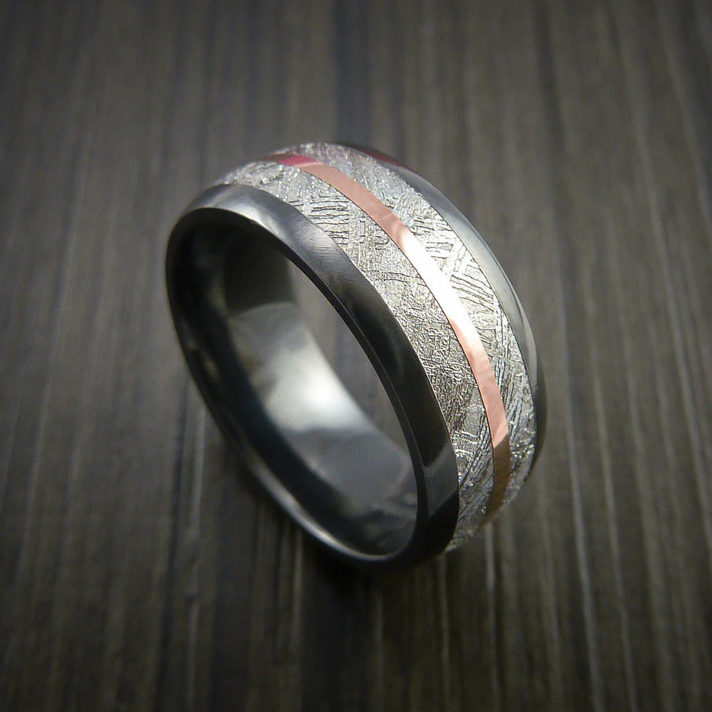 Gibeon Meteorite in Black Titanium Band with 14K Rose Gold Men's Ring