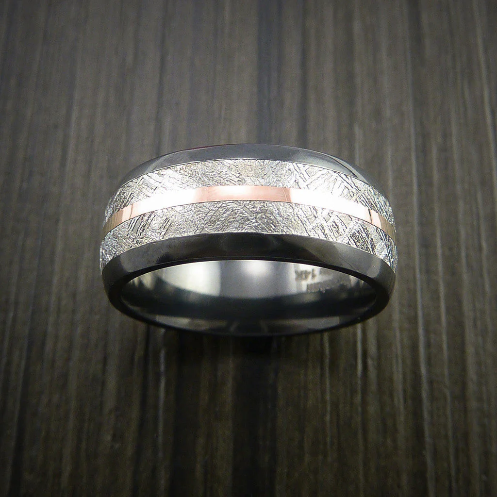 Gibeon Meteorite in Black Titanium Band with 14K Rose Gold Men's Ring - Image 2
