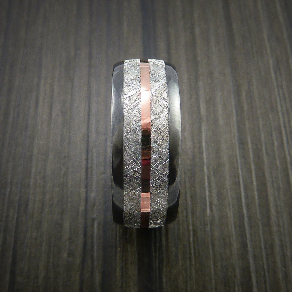 Gibeon Meteorite in Black Titanium Band with 14K Rose Gold Men's Ring - Image 3