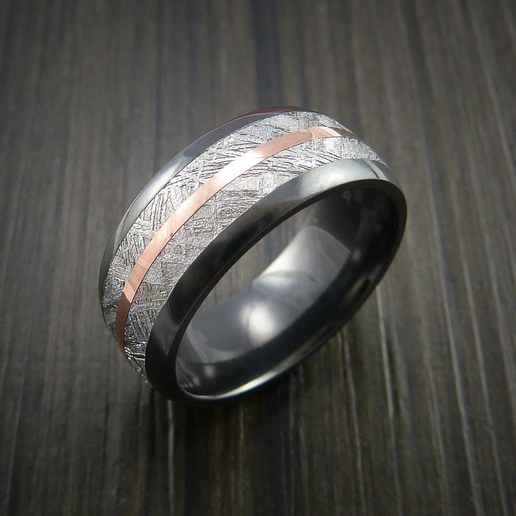 Gibeon Meteorite in Black Titanium Band with 14K Rose Gold Men's Ring - Image 4