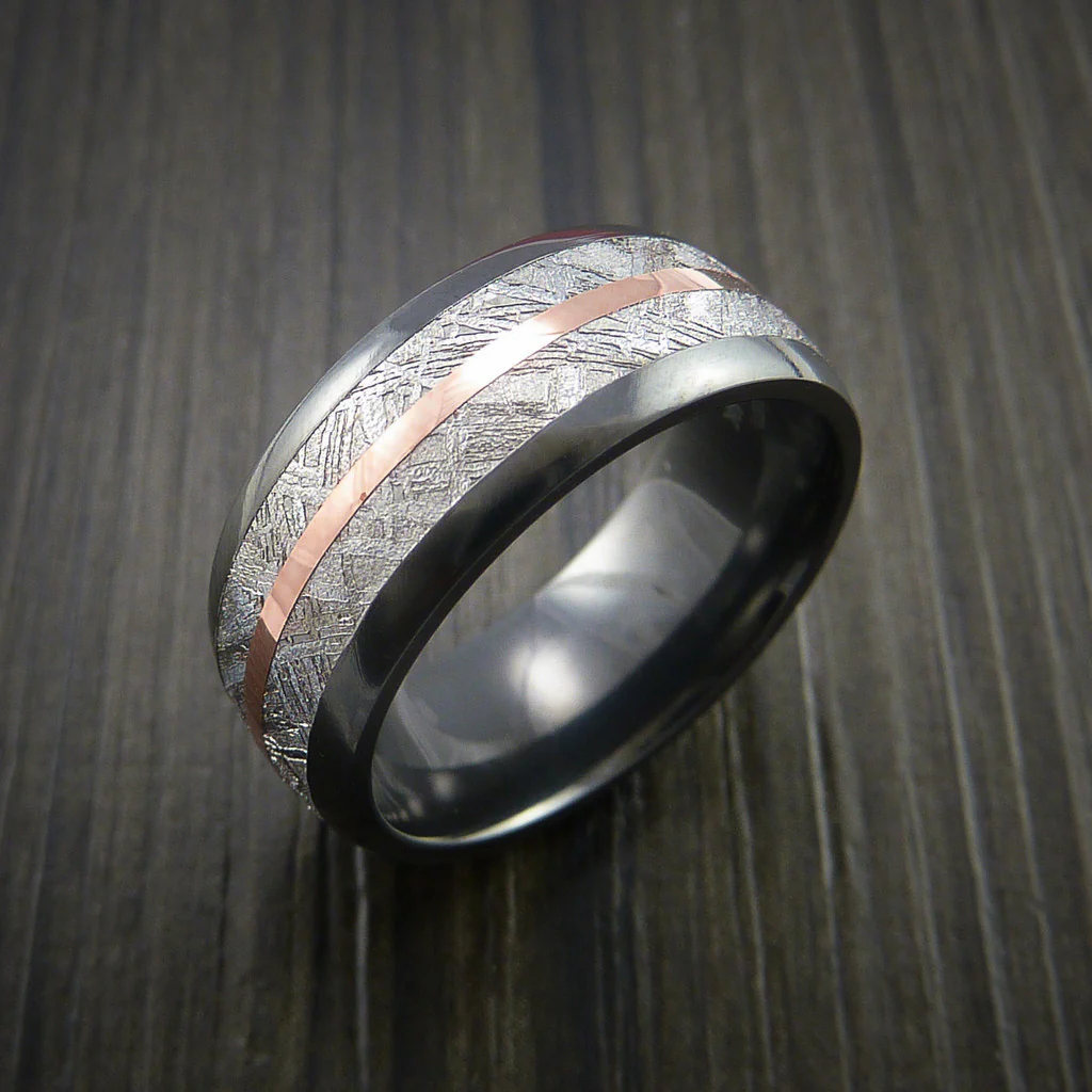 Gibeon Meteorite in Black Zirconium Band with 14K Rose Gold Men's Ring - Image 4