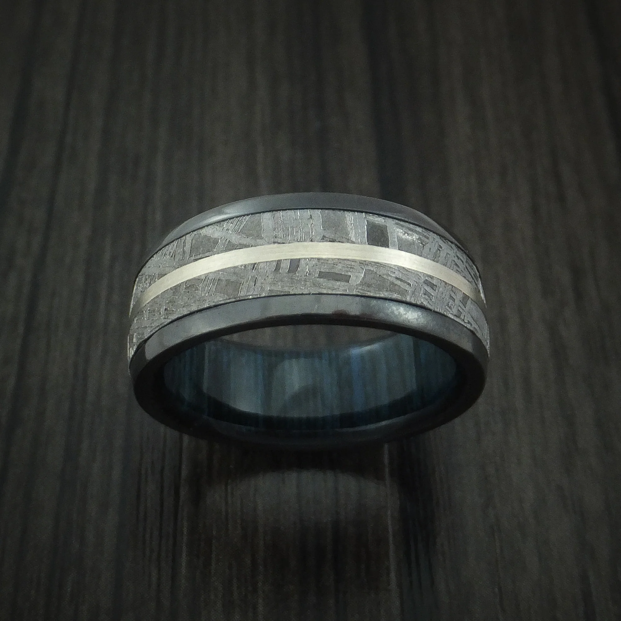 Gibeon Meteorite in Black Zirconium Band with 14K White Gold and Wood Sleeve Custom Men's Ring - Image 2