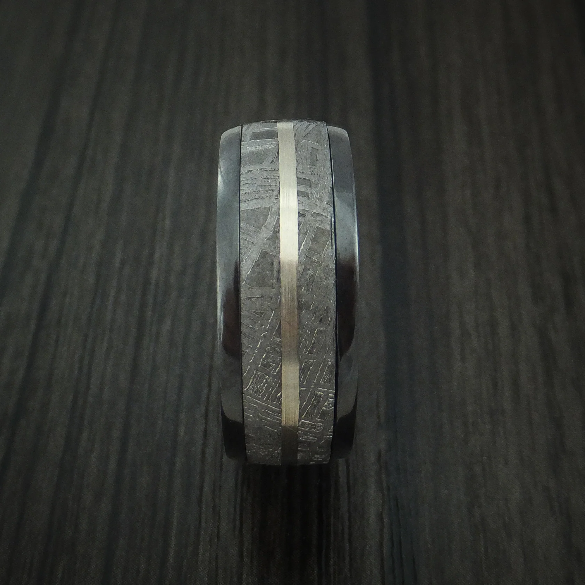 Gibeon Meteorite in Black Zirconium Band with 14K White Gold and Wood Sleeve Custom Men's Ring - Image 3