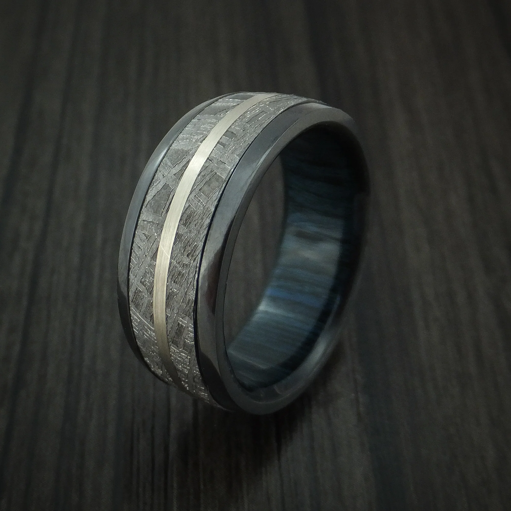 Gibeon Meteorite in Black Zirconium Band with 14K White Gold and Wood Sleeve Custom Men's Ring - Image 4