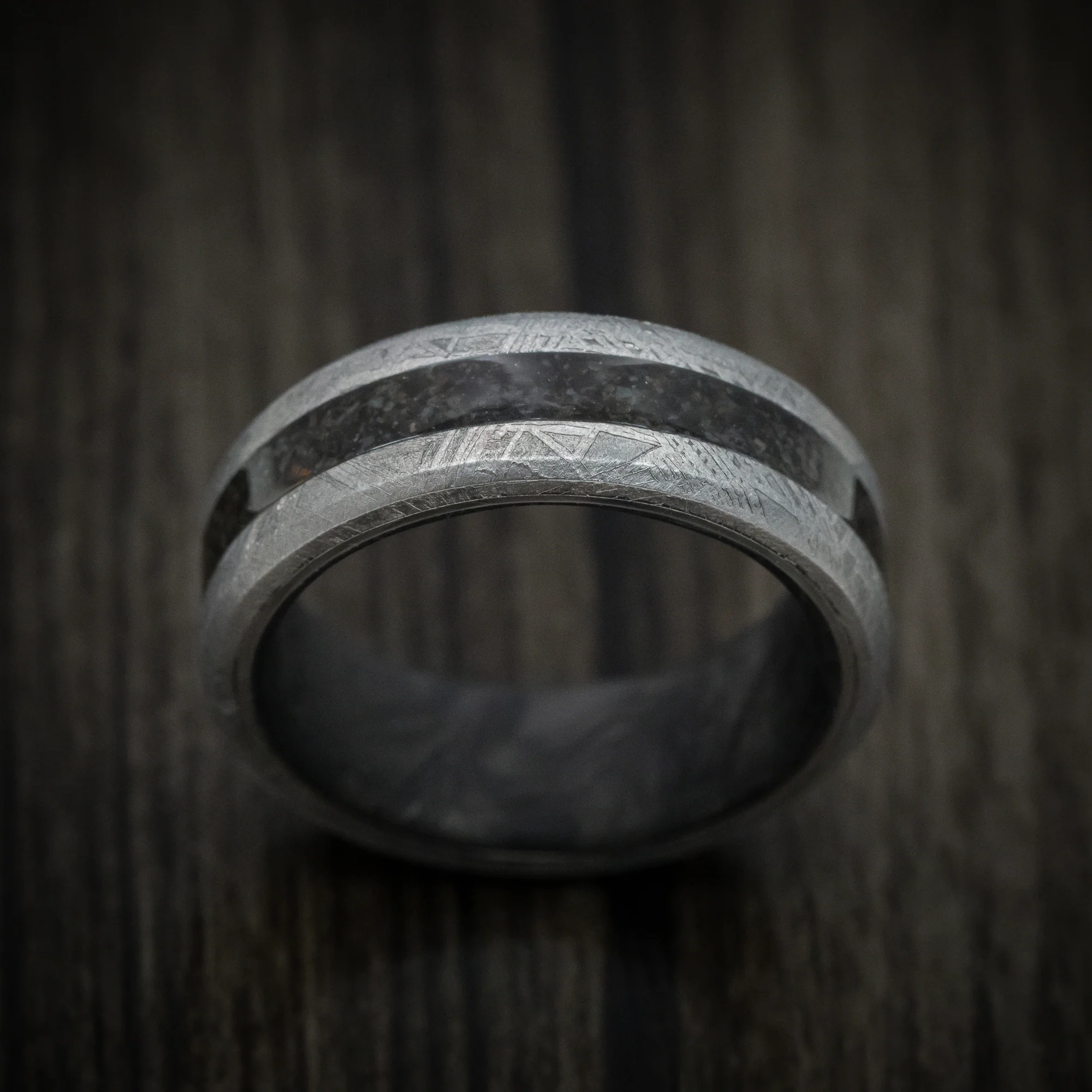 Gibeon Meteorite Ring with Dinosaur Bone Inlay and Forged Carbon Fiber Sleeve - Image 2