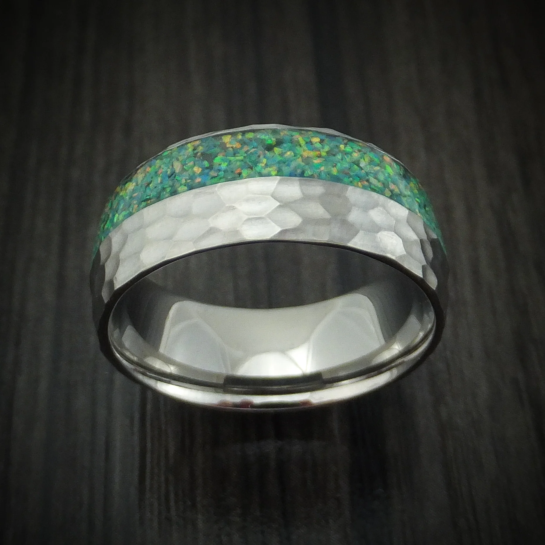 Hammered Titanium and Opal Men's Ring Choose Your Color Custom Made - Image 2