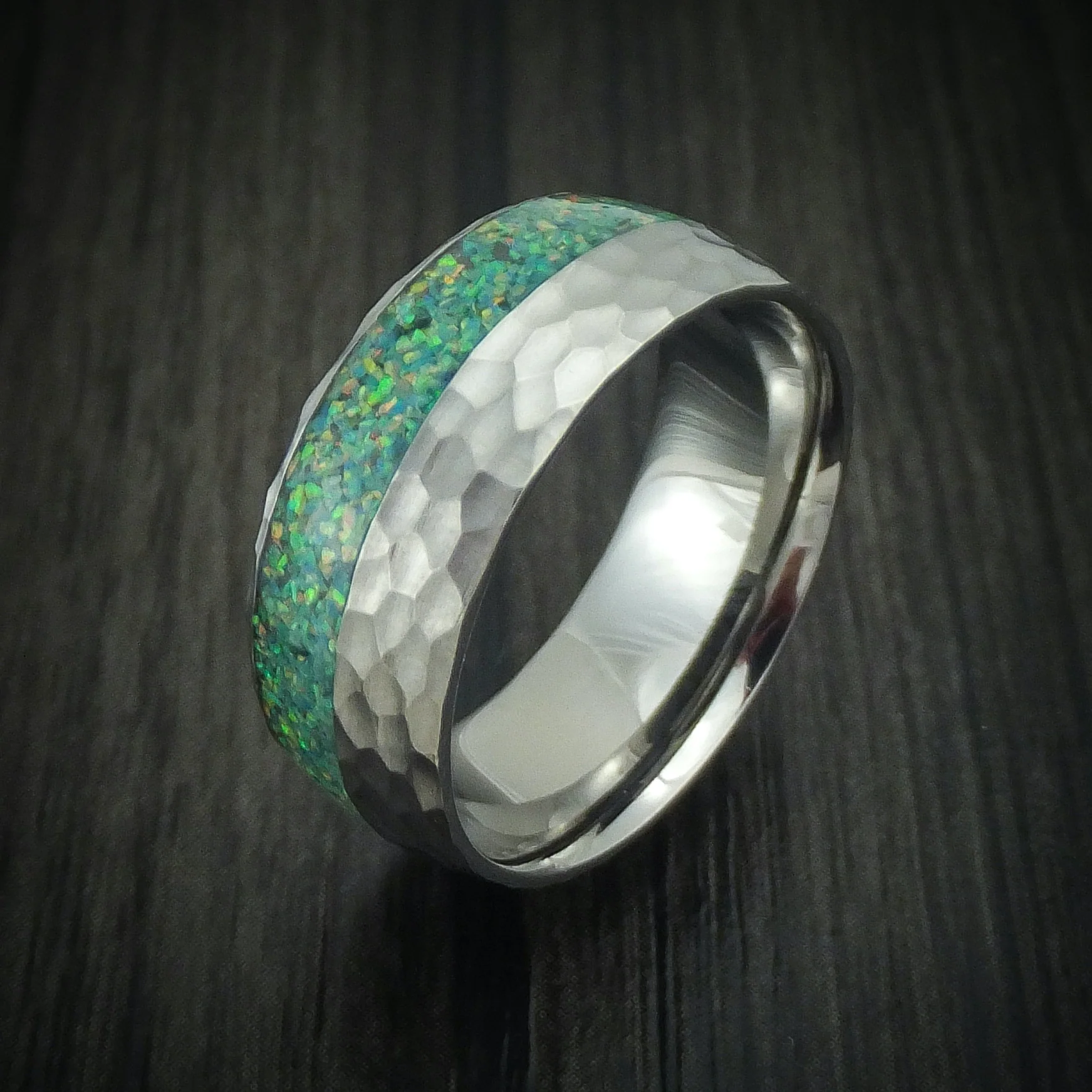 Hammered Titanium and Opal Men's Ring Choose Your Color Custom Made - Image 4