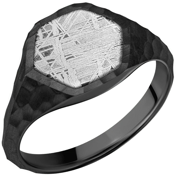 Hexagon Black Titanium Signet Ring / Hammer Ring Finish and Hammer Signet Finish / Meteorite Inlay / Size 8