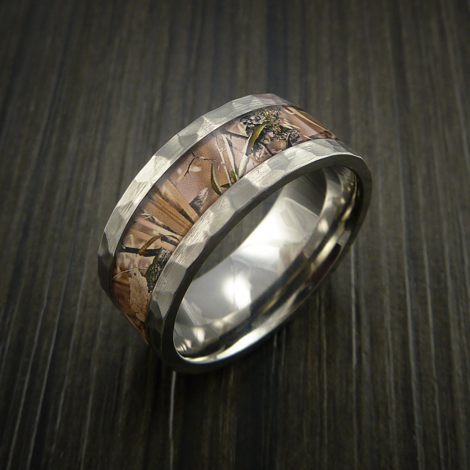 Hammered Titanium Men's Ring with Camo Inlay Custom Made Wedding Band - Image 4
