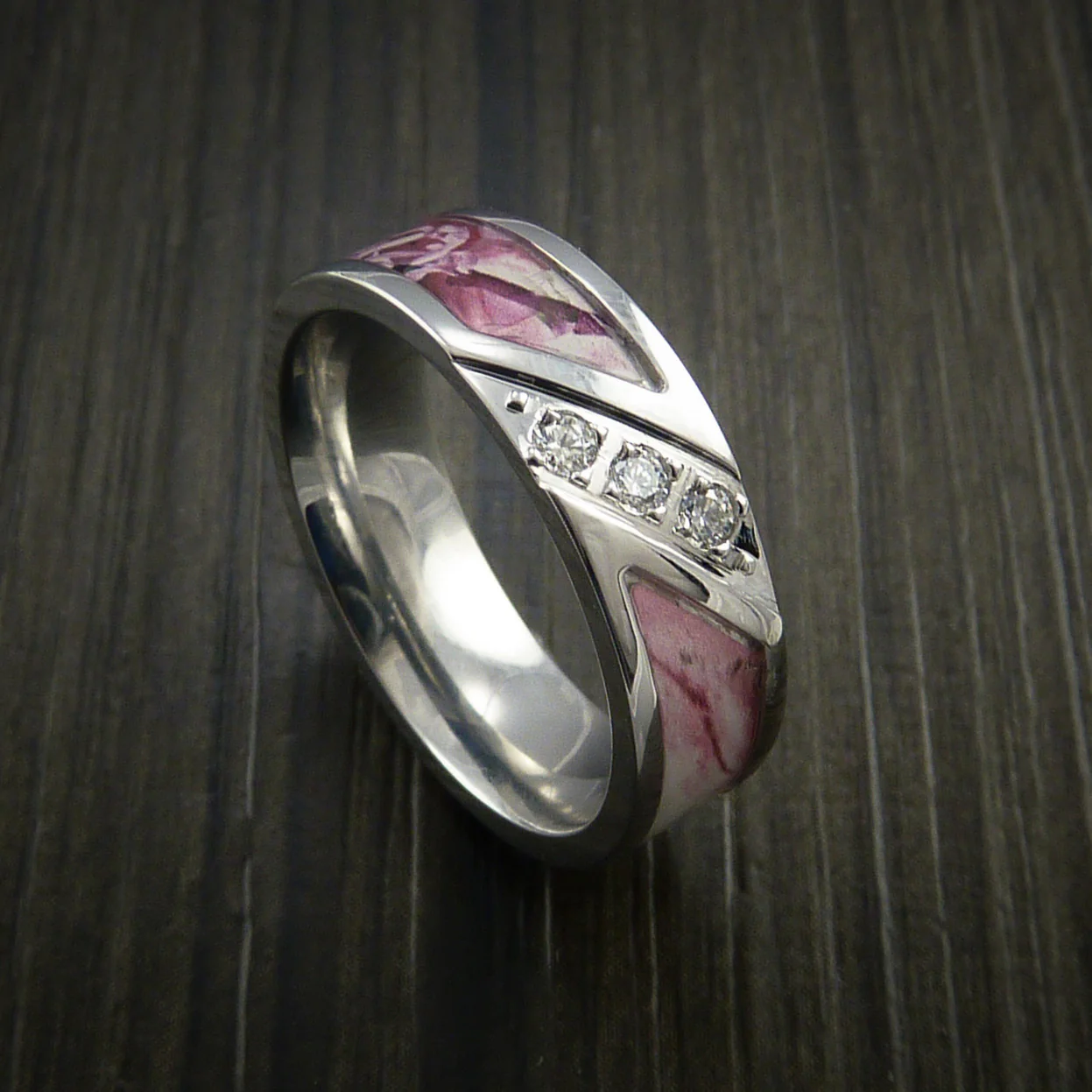 Cobalt Chrome Ring with Segmented Camo Inlay and Diamonds Custom Made Wedding Band - Image 3
