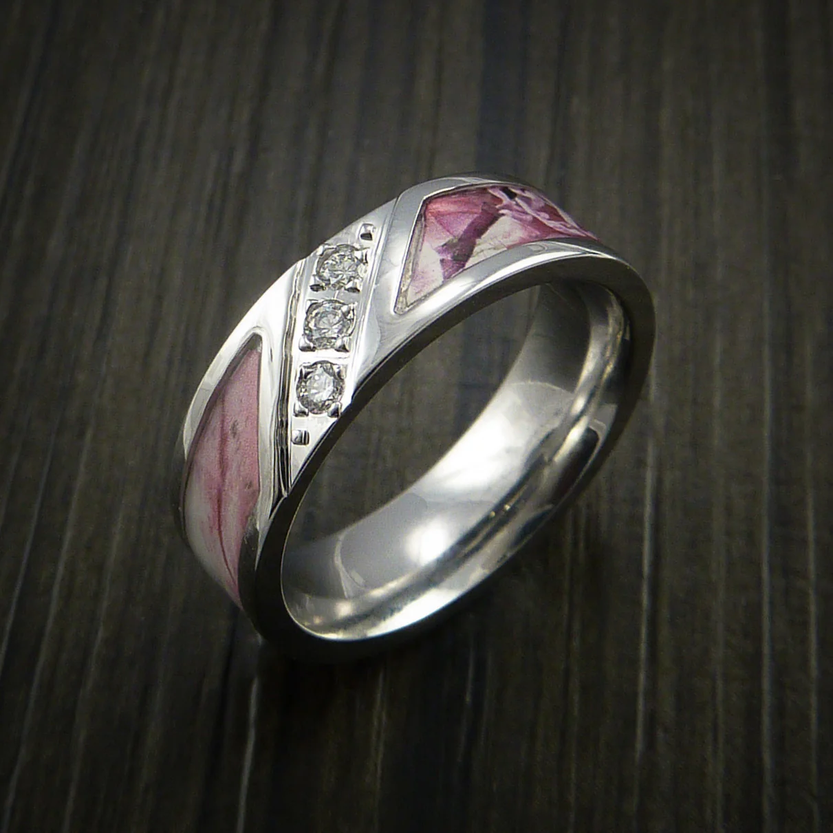 Cobalt Chrome Ring with Segmented Camo Inlay and Diamonds Custom Made Wedding Band - Image 5
