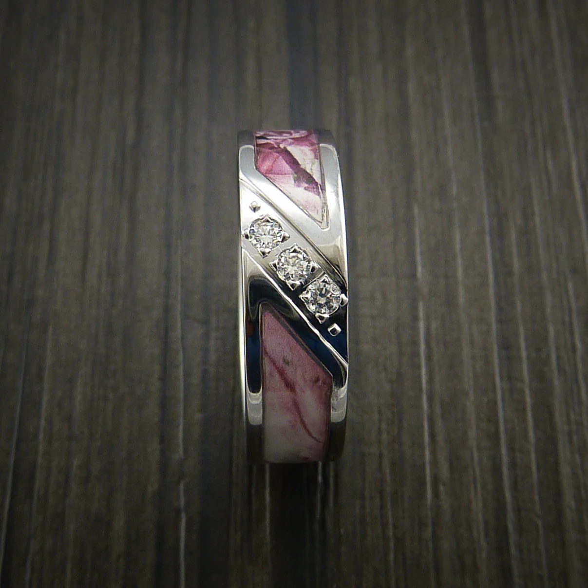 Cobalt Chrome Ring with Segmented Camo Inlay and Diamonds Custom Made Wedding Band - Image 6