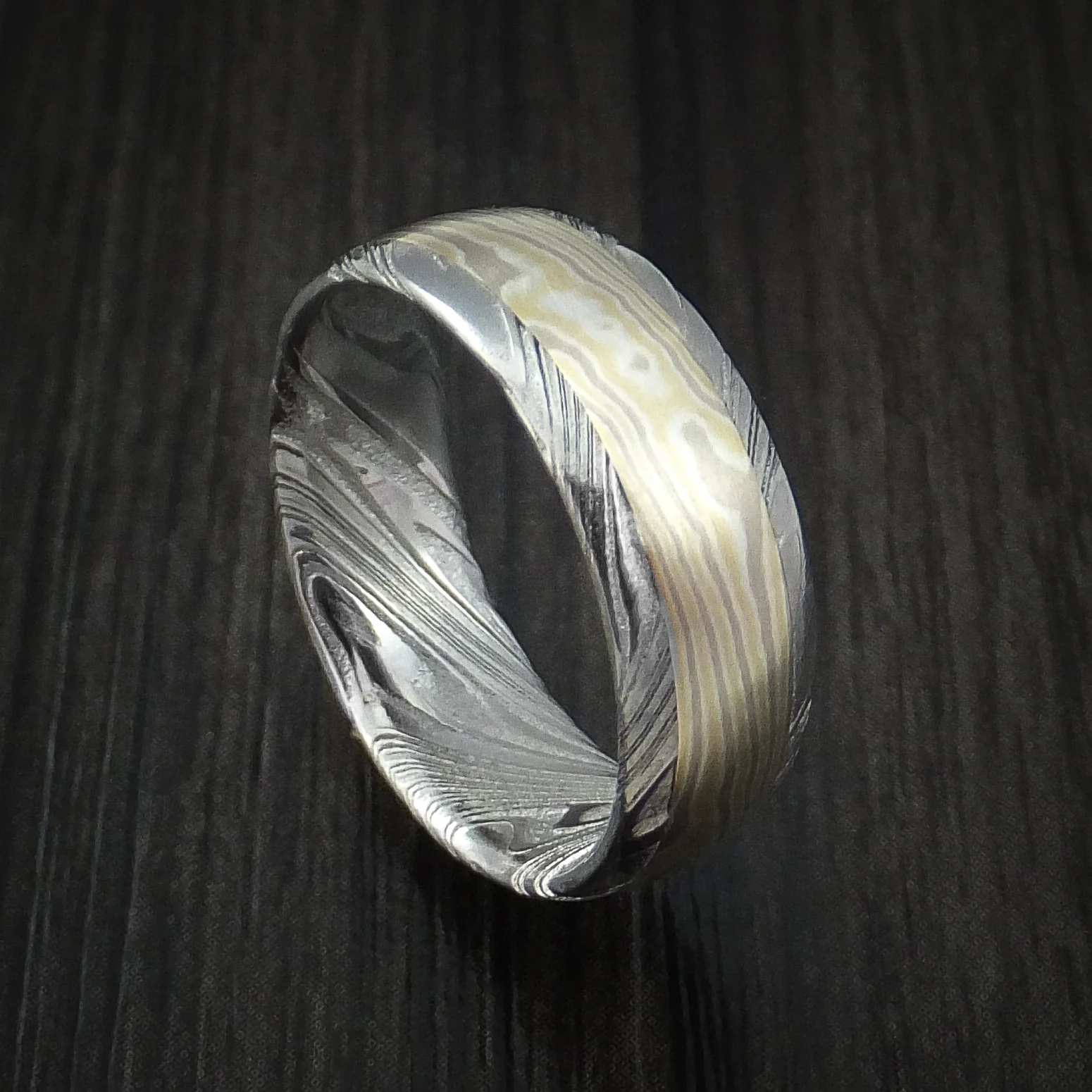 Woodgrain Kuro Damascus and Yellow Gold and White Gold Mokume Gane Men's Ring Custom Made