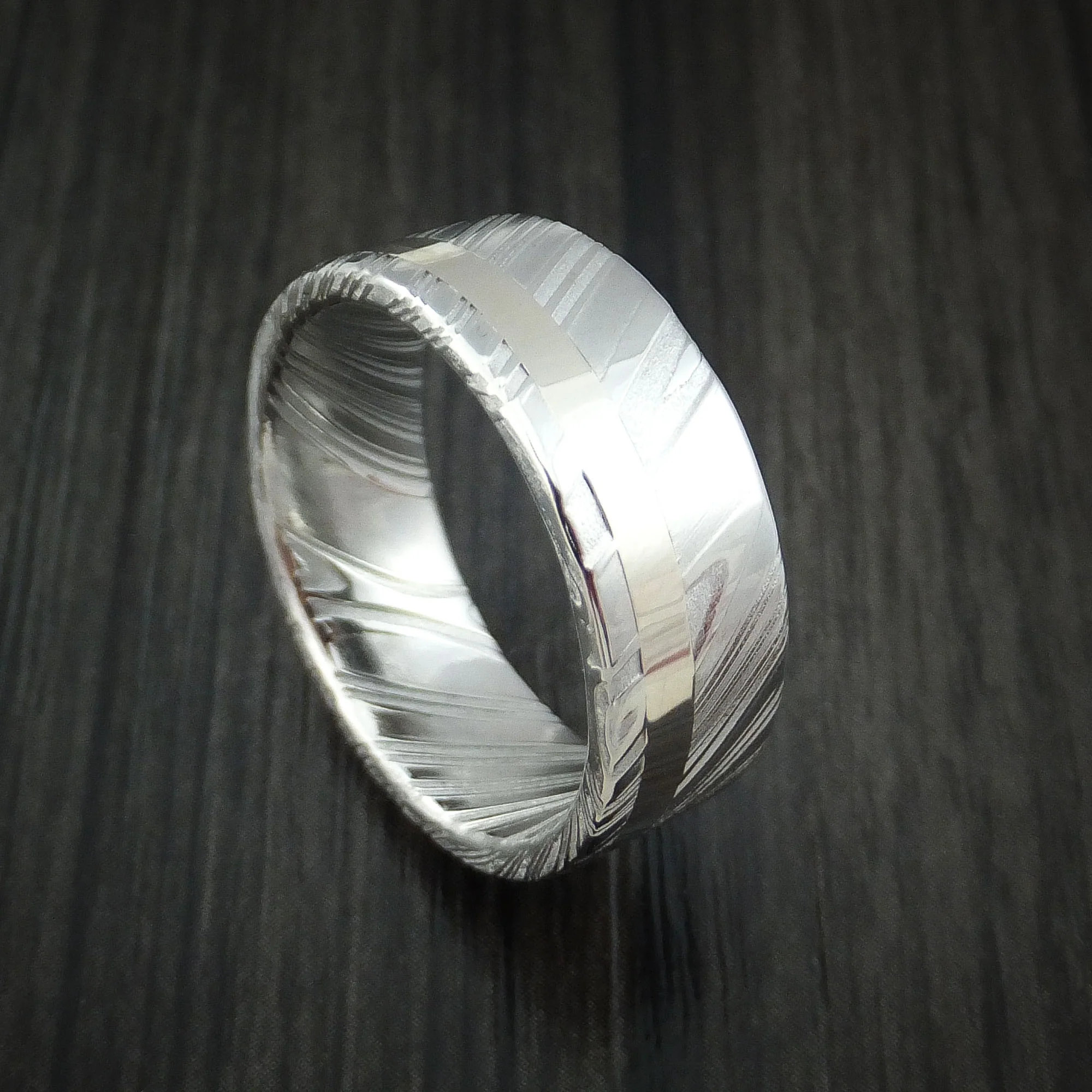 Woodgrain Kuro Damascus Steel 14K White Gold Men's Ring Wedding Band Custom Made