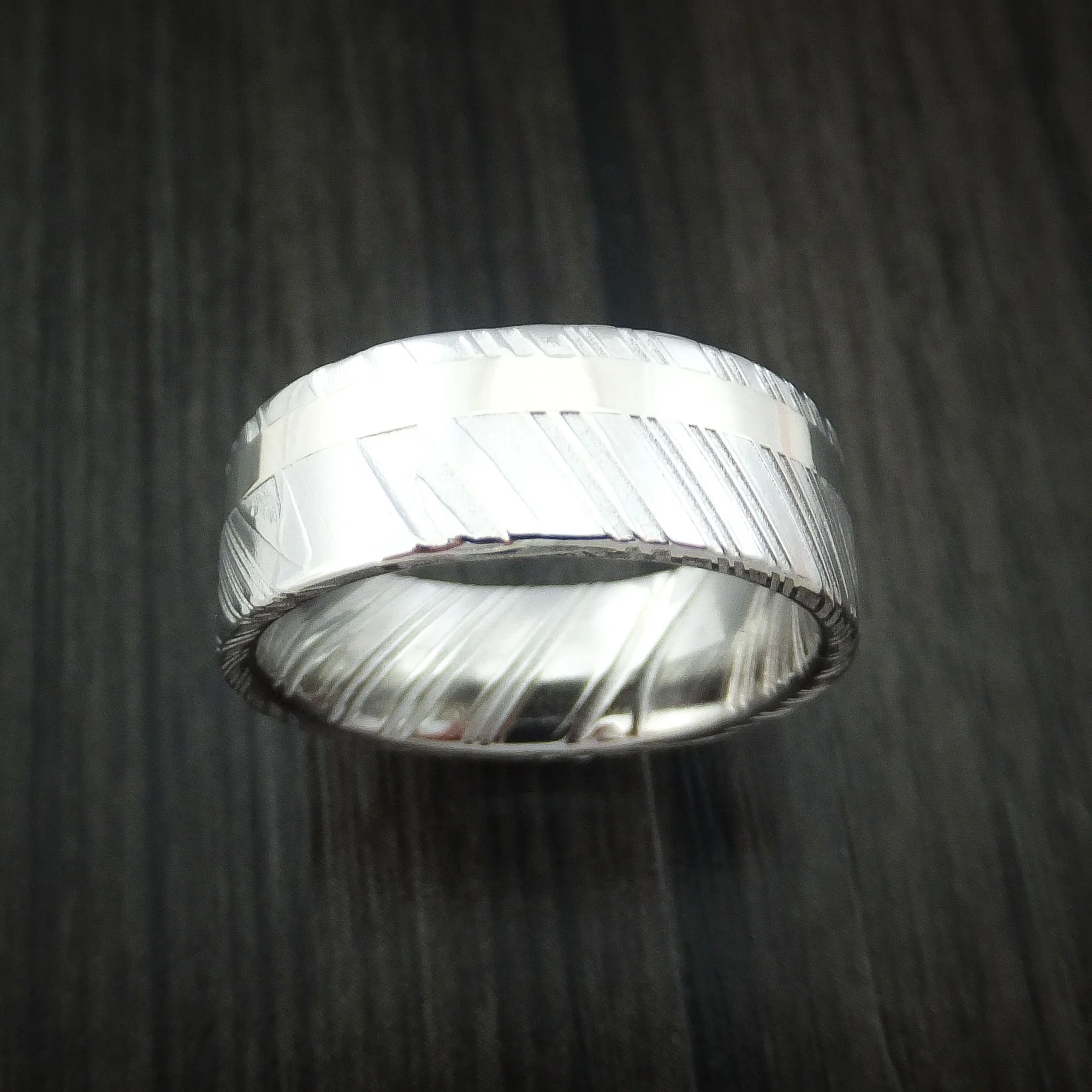 Woodgrain Kuro Damascus Steel 14K White Gold Men's Ring Wedding Band Custom Made - Image 2