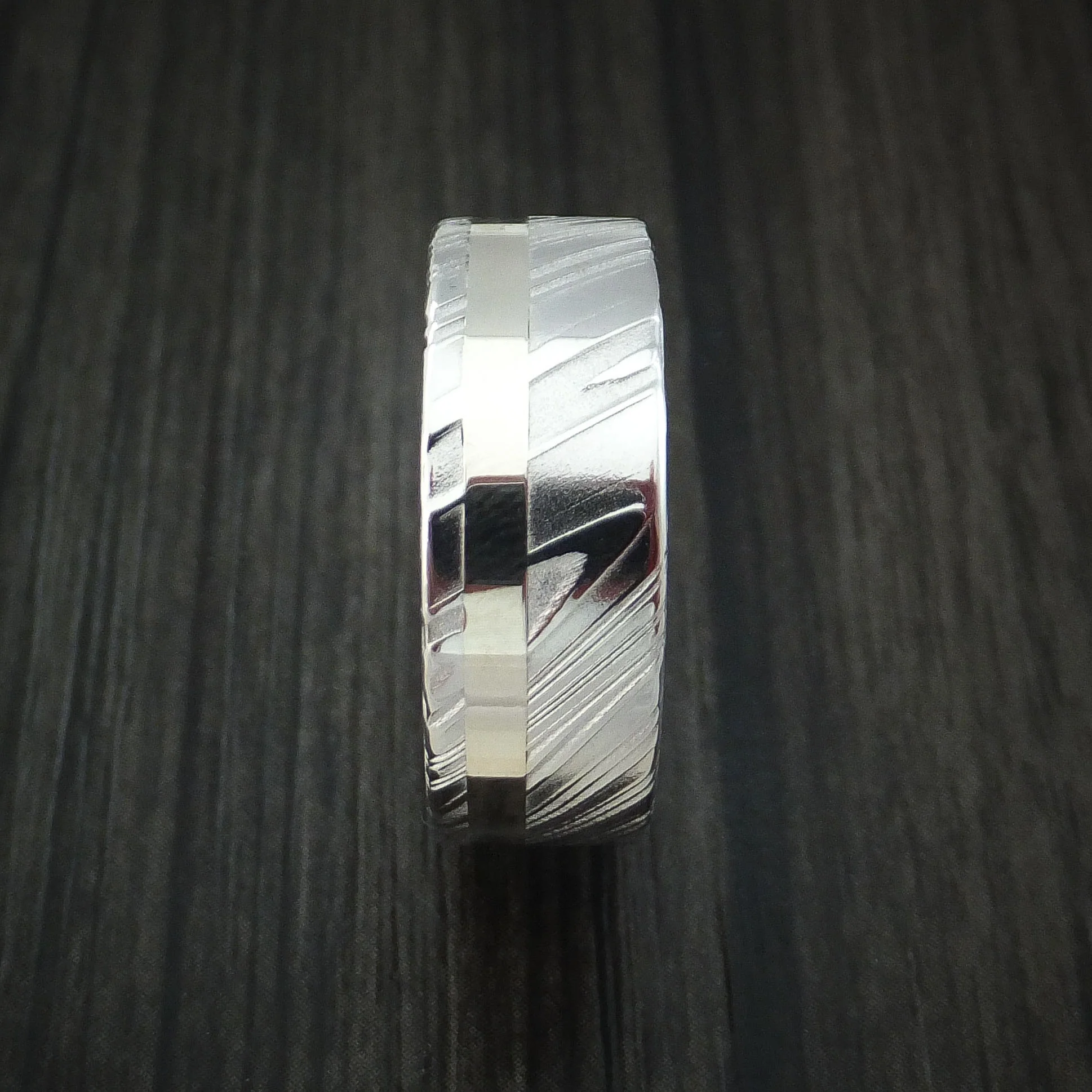 Woodgrain Kuro Damascus Steel 14K White Gold Men's Ring Wedding Band Custom Made - Image 3