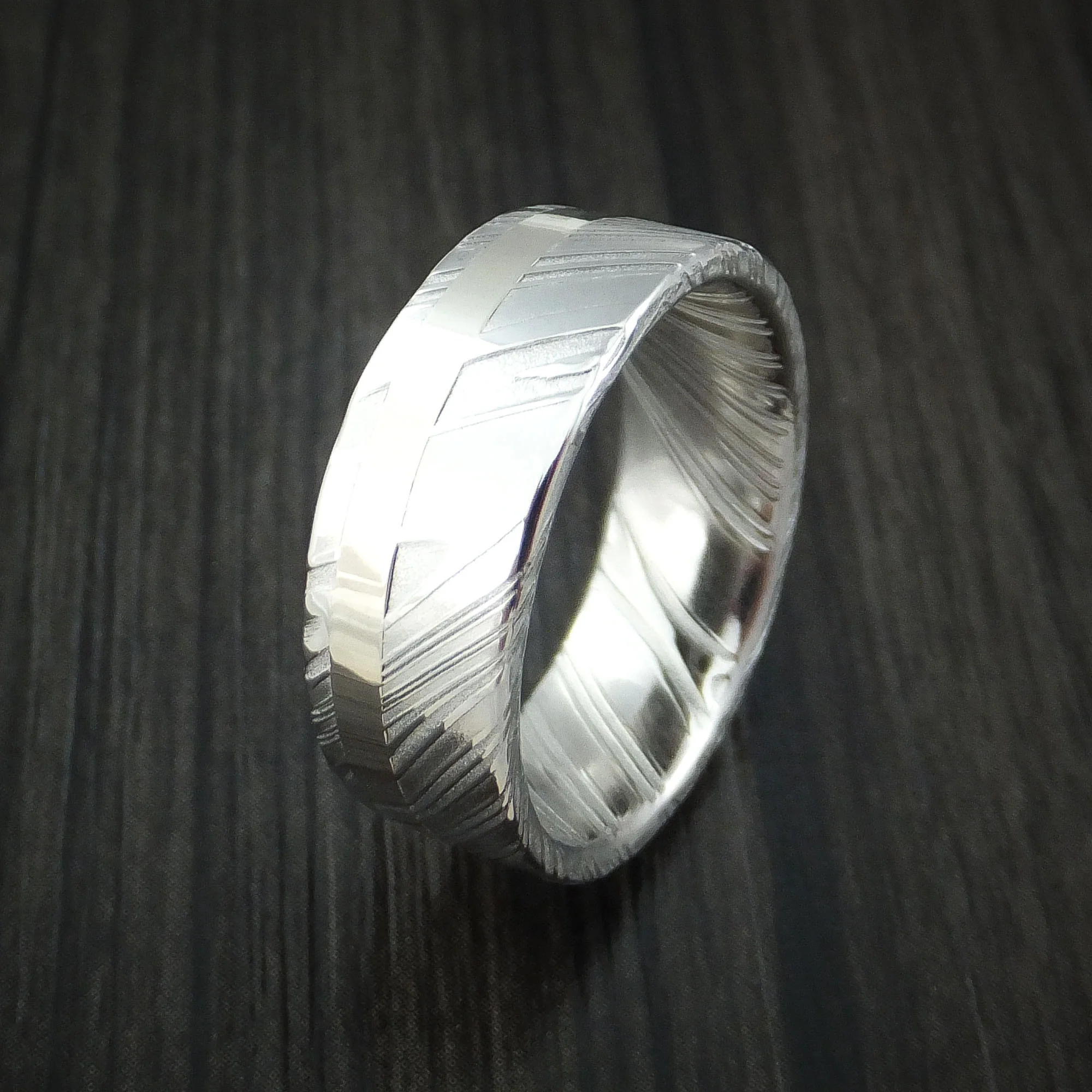 Woodgrain Kuro Damascus Steel 14K White Gold Men's Ring Wedding Band Custom Made - Image 4
