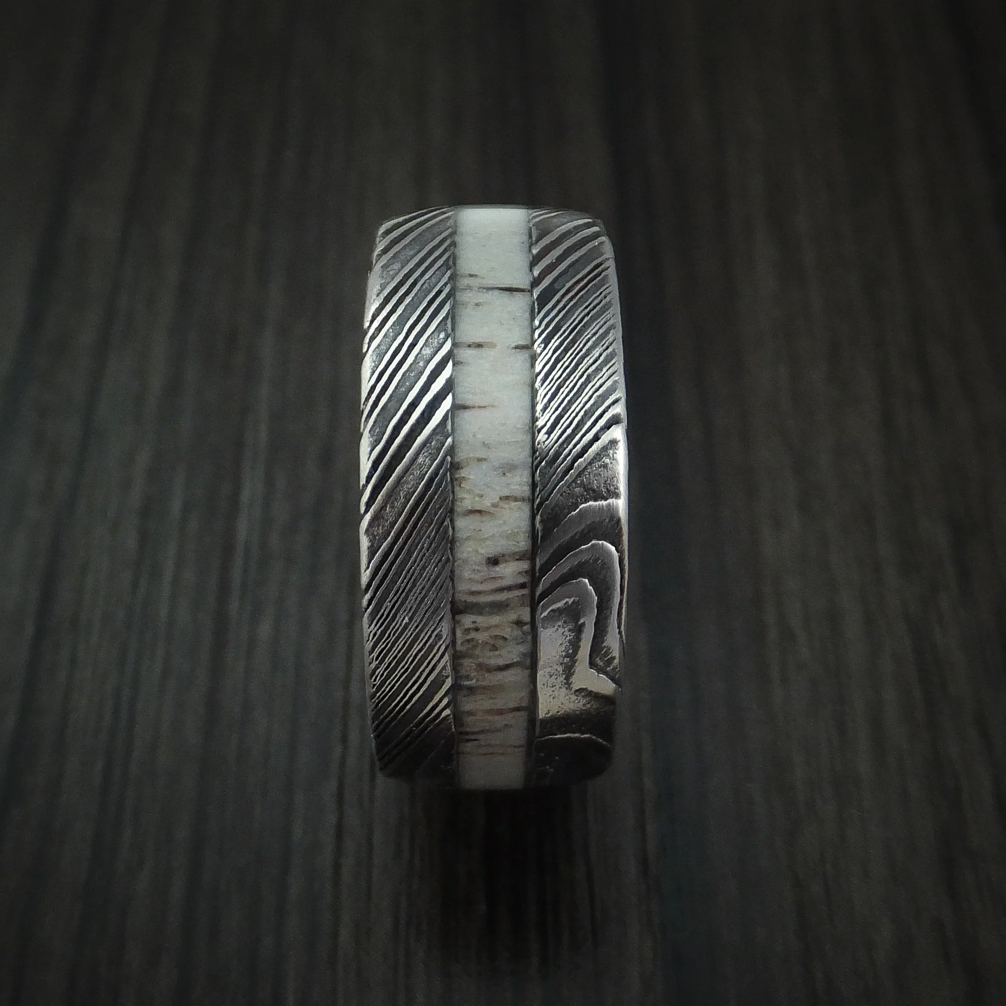 Woodgrain Kuro Damascus Steel and Antler Men's Ring Custom Made Band - Image 3