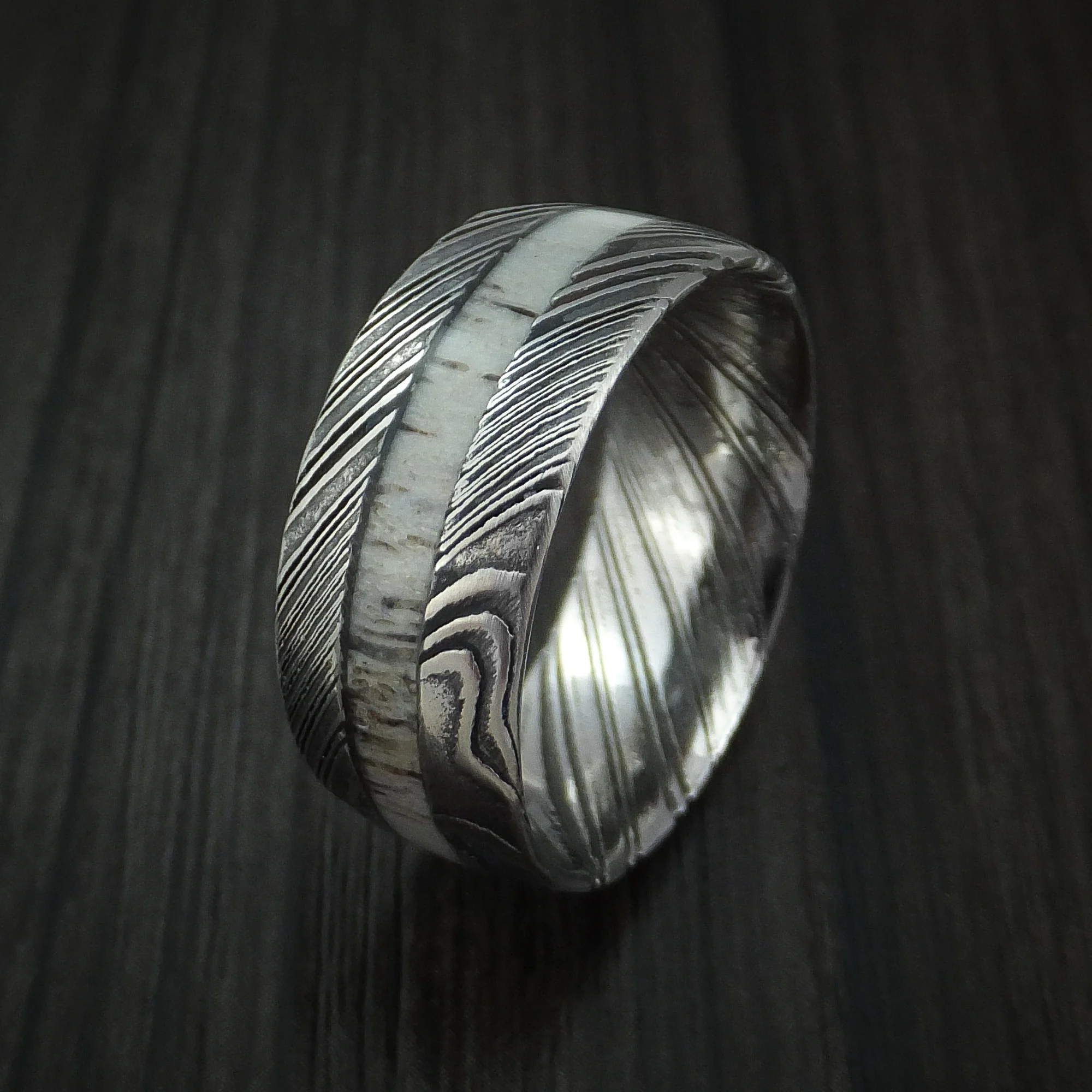 Woodgrain Kuro Damascus Steel and Antler Men's Ring Custom Made Band - Image 4