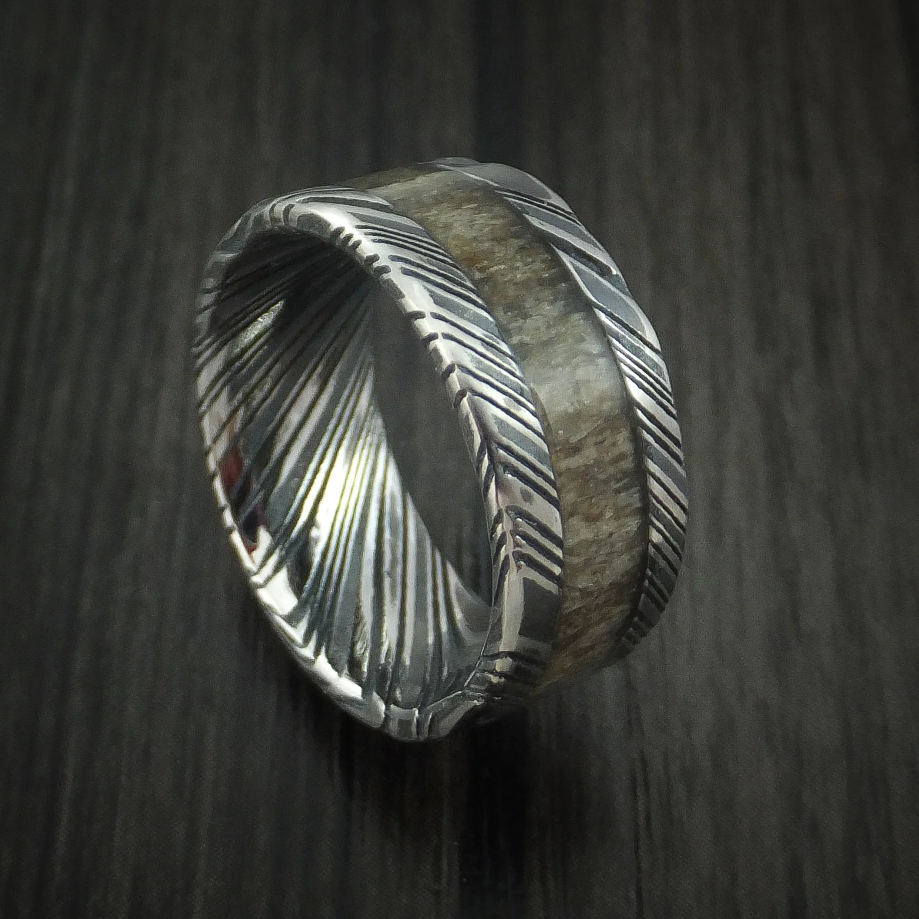 Woodgrain Kuro Damascus Steel and Antler Men's Ring Custom Made Band