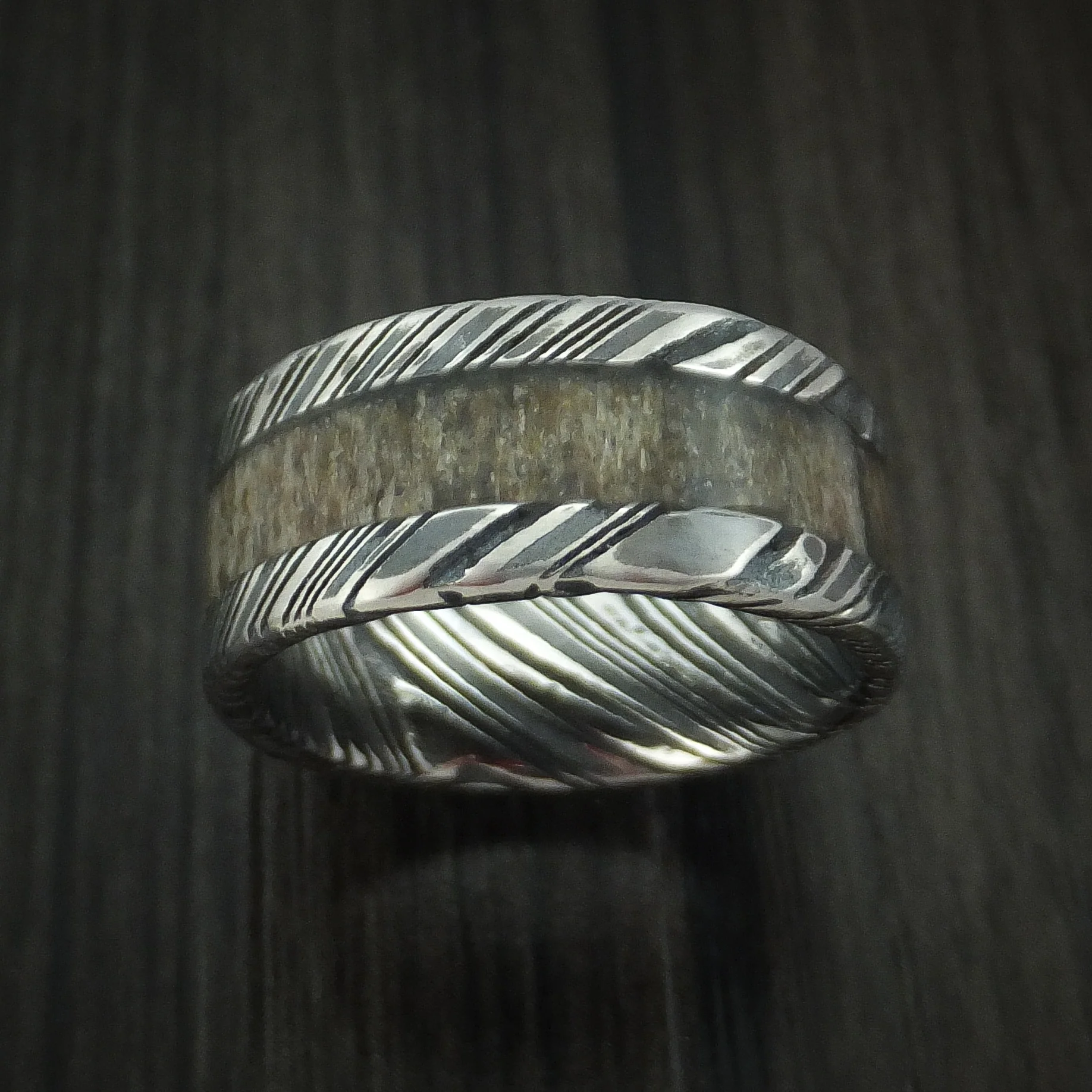 Woodgrain Kuro Damascus Steel and Antler Men's Ring Custom Made Band - Image 2
