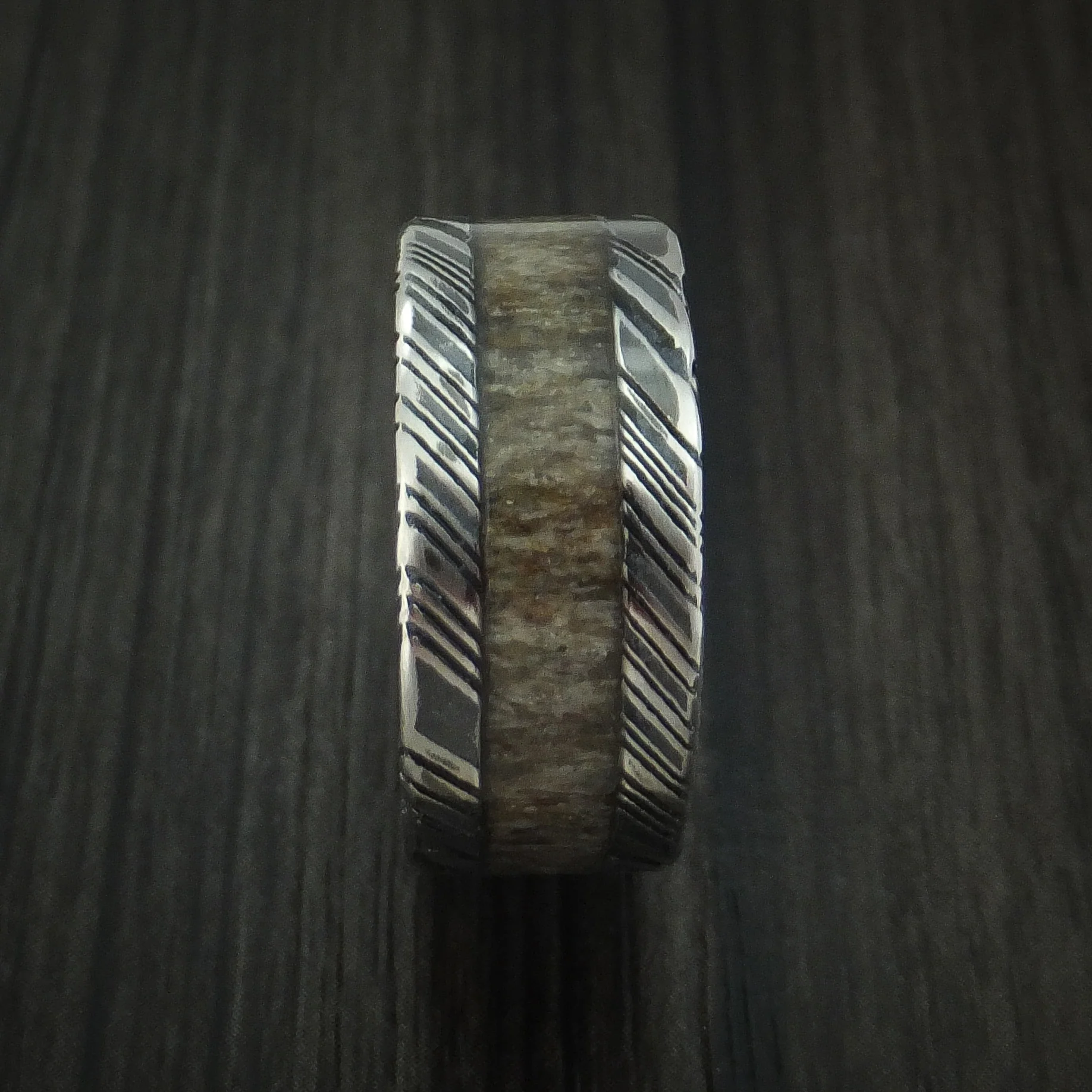 Woodgrain Kuro Damascus Steel and Antler Men's Ring Custom Made Band - Image 3