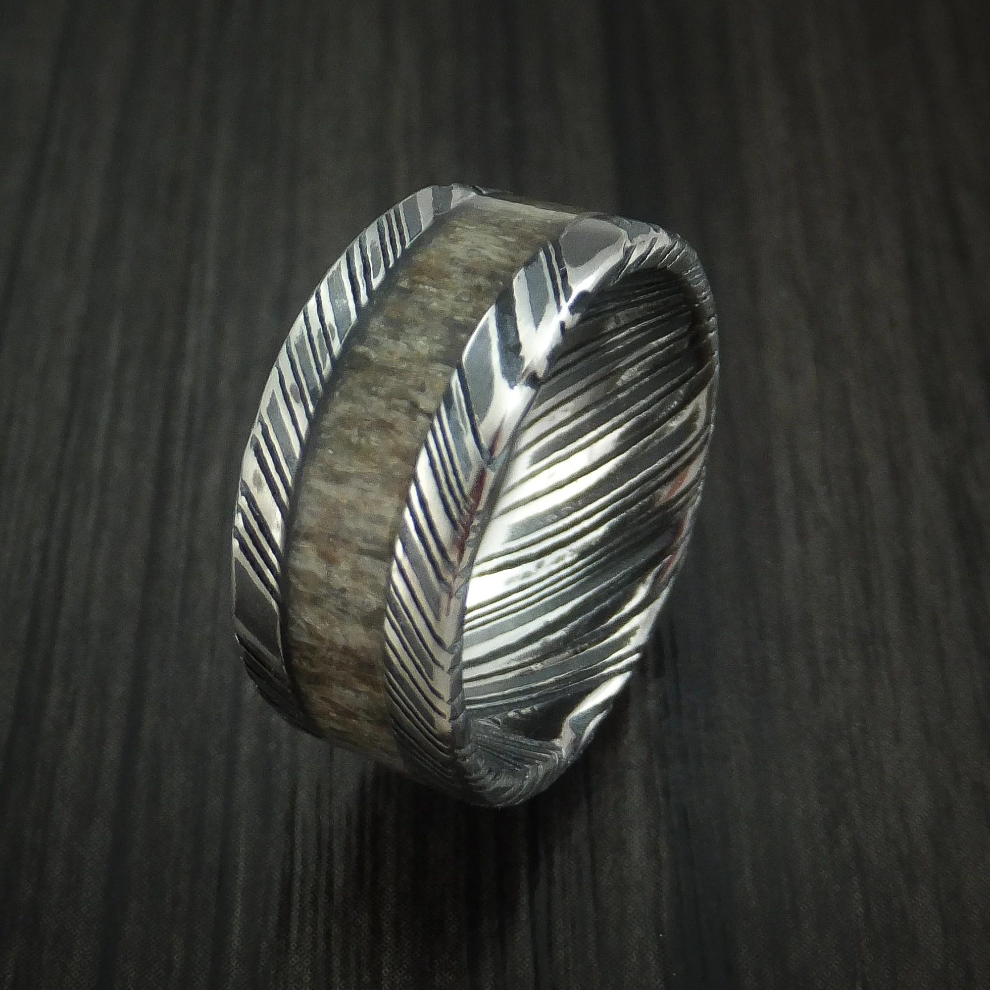 Woodgrain Kuro Damascus Steel and Antler Men's Ring Custom Made Band - Image 4