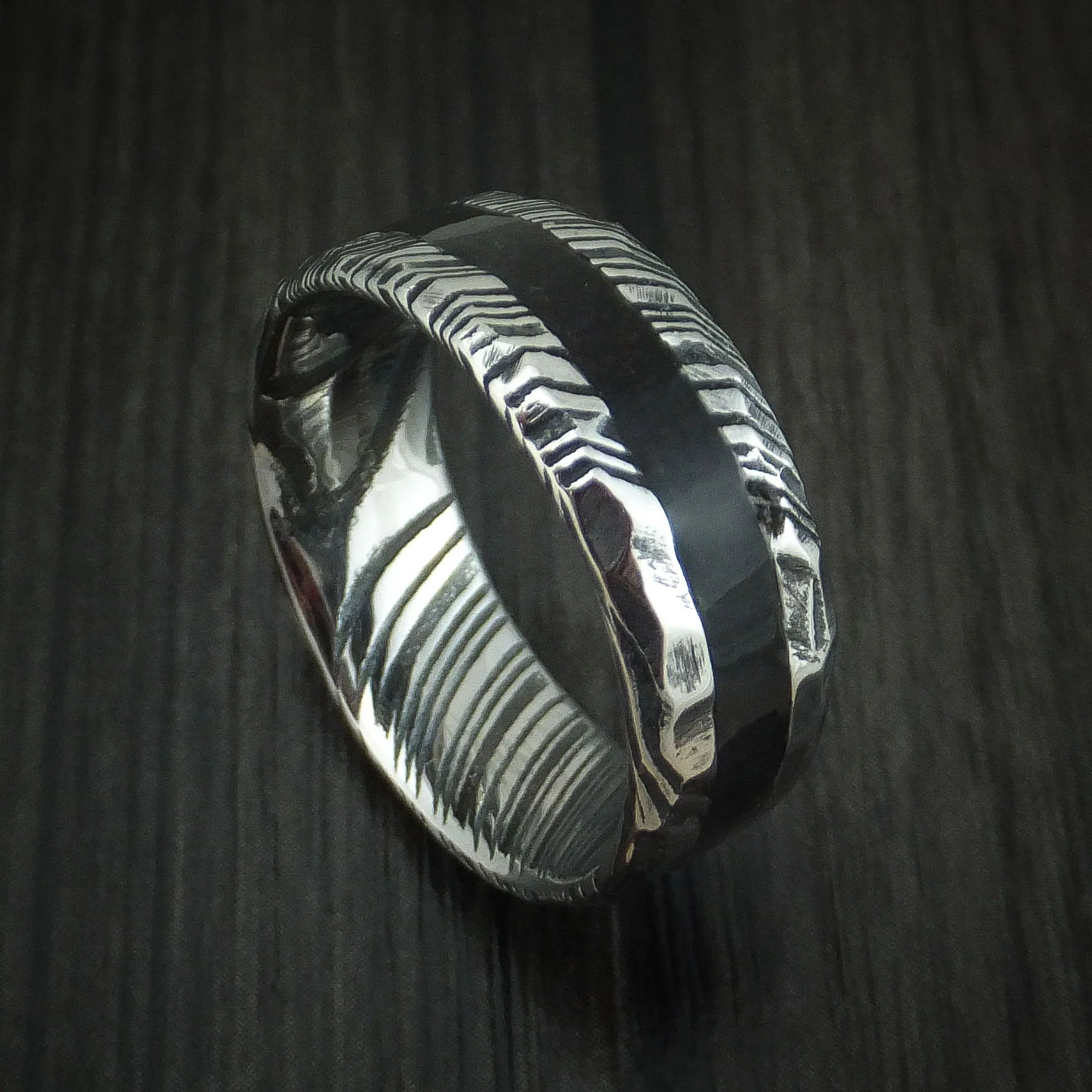 Woodgrain Kuro Damascus Steel and Black Dinosaur Bone Rock Hammered Men's Ring Custom Made Fossil Band