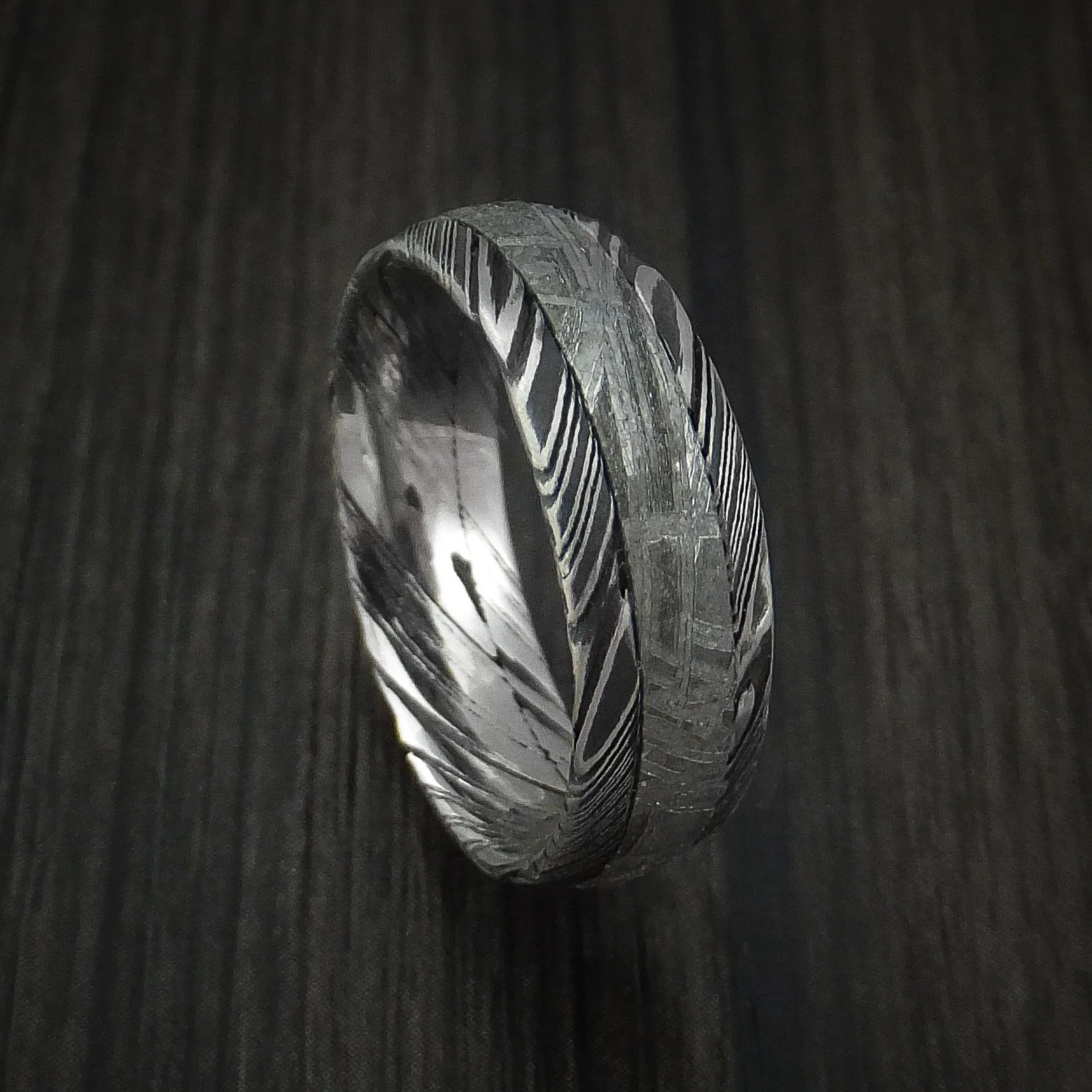 Woodgrain Kuro Damascus Steel and Gibeon Meteorite Men's Ring Custom Made Band