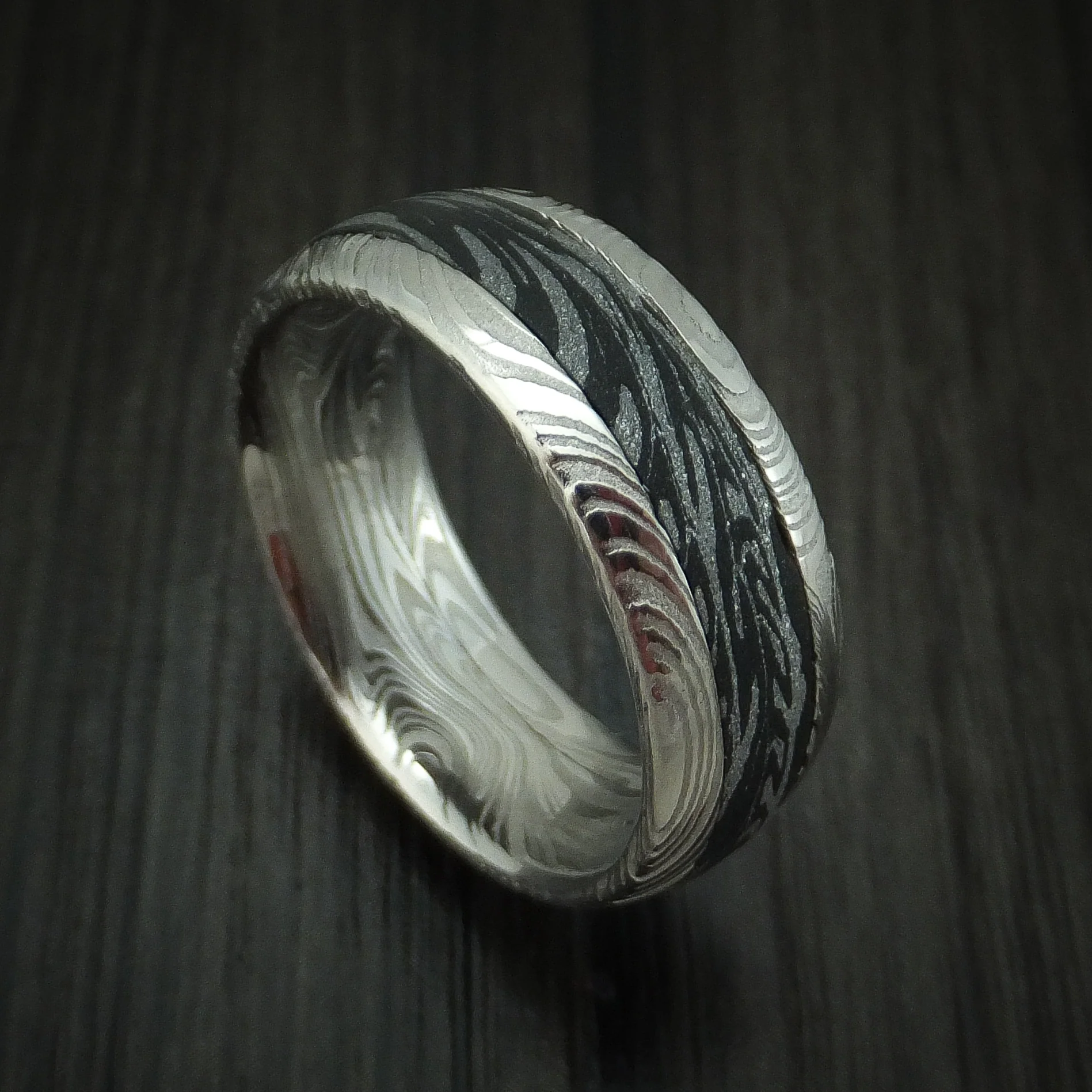 Woodgrain Kuro Damascus Steel and SpectraMokume Men's Ring Custom Made Band